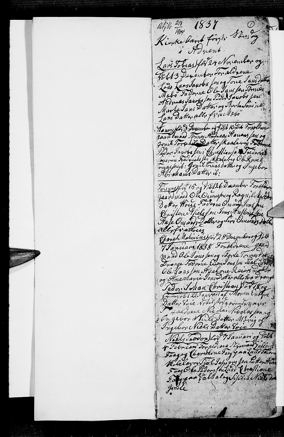 Oddernes sokneprestkontor, SAK/1111-0033/F/Fb/Fba/L0004: Klokkerbok nr. B 4, 1837-1846, s. 1