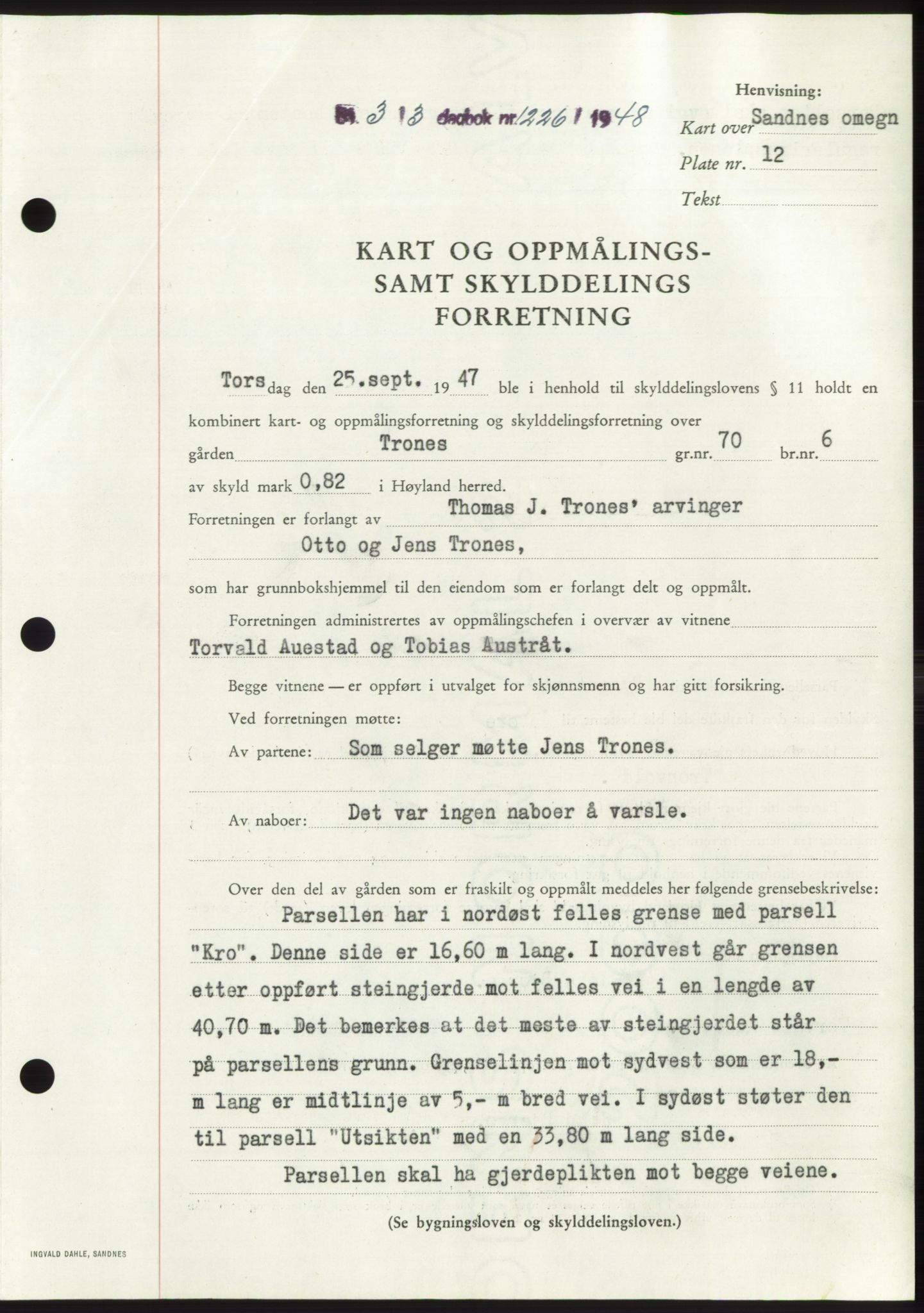 Jæren sorenskriveri, SAST/A-100310/03/G/Gba/L0098: Pantebok, 1948-1948, Dagboknr: 1226/1948