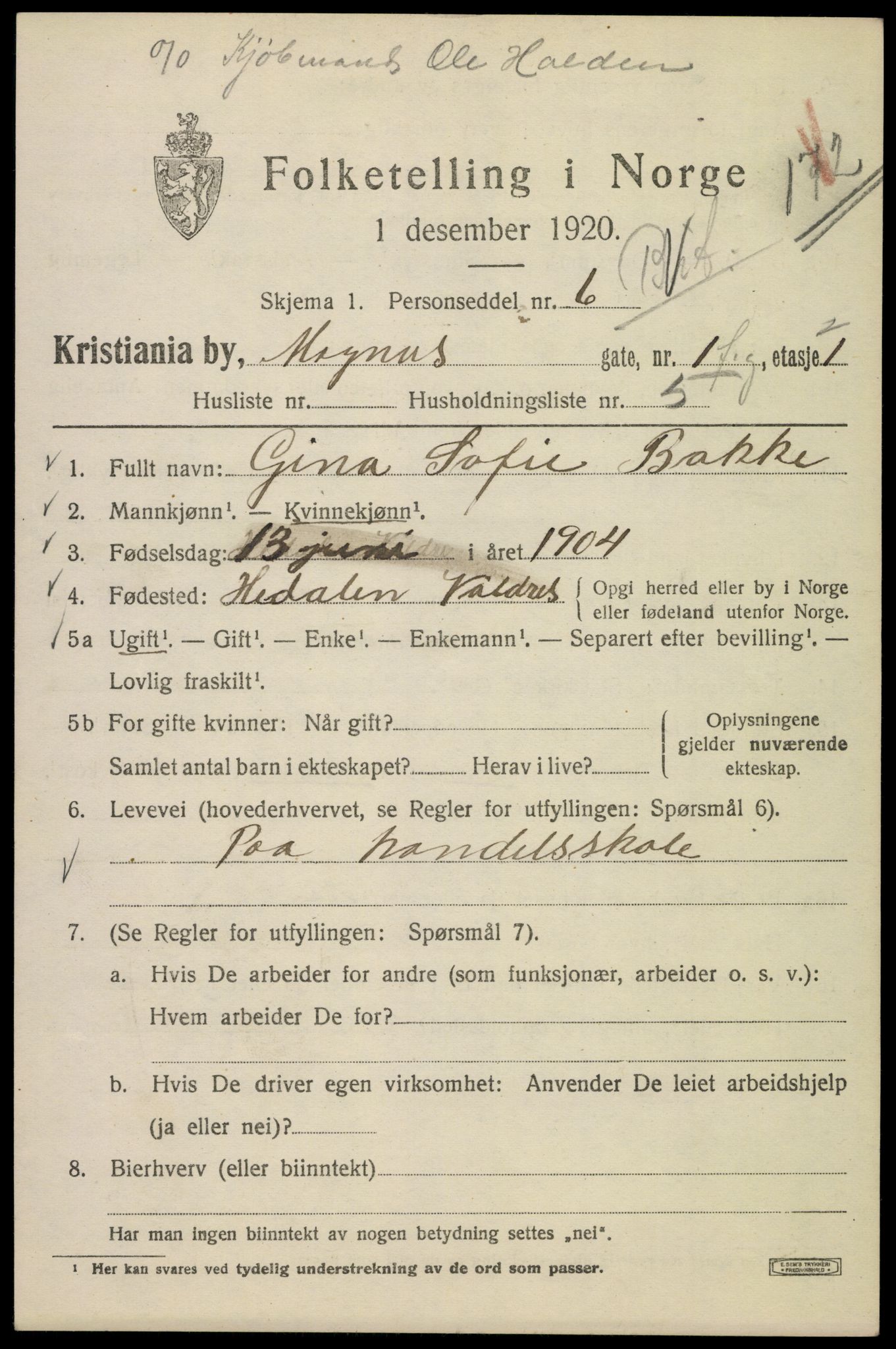 SAO, Folketelling 1920 for 0301 Kristiania kjøpstad, 1920, s. 369885