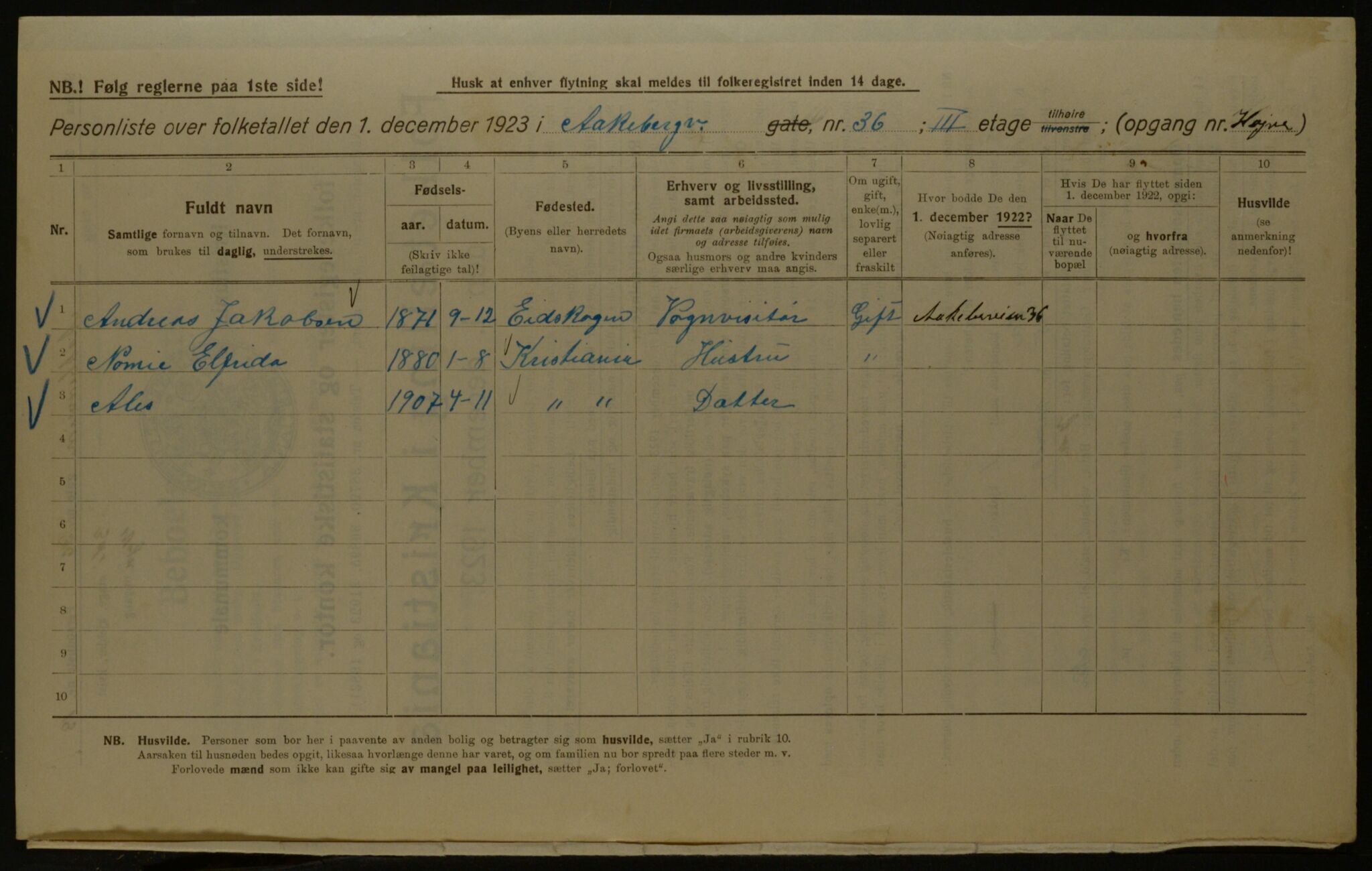 OBA, Kommunal folketelling 1.12.1923 for Kristiania, 1923, s. 143754