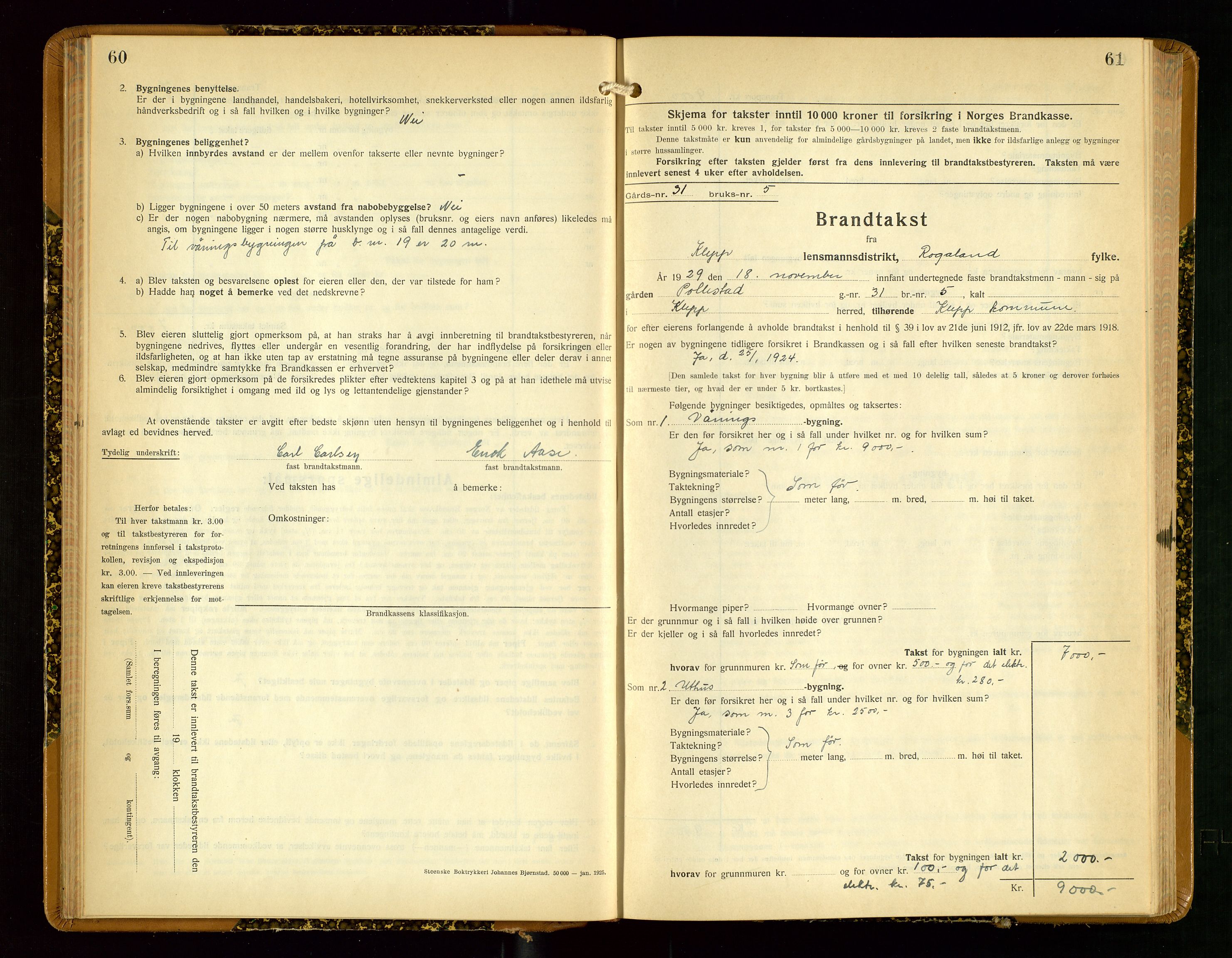 Klepp lensmannskontor, AV/SAST-A-100163/Goc/L0012: "Brandtakstprotokoll" m/register, 1929-1933, s. 60-61