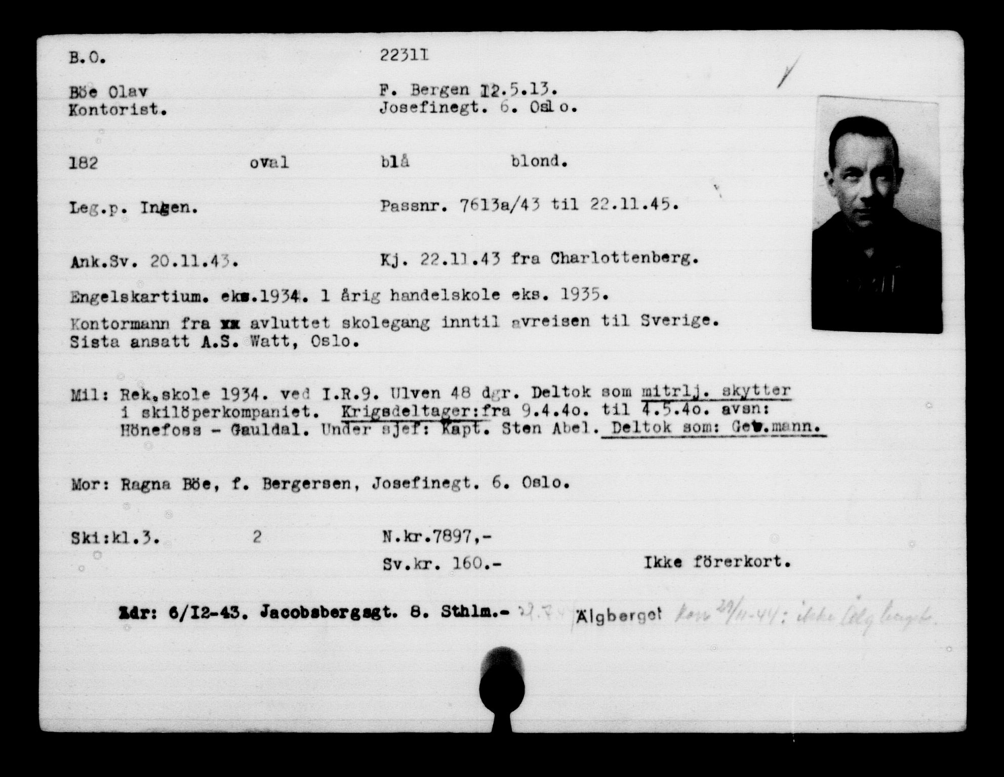 Utenriksstasjonene, Legasjonen i Stockholm, Flyktningkontoret, AV/RA-S-6753/V/Va/L0010: Kjesäterkartoteket, flyktninger med registreringsnr. 22000-25314, 1940-1945, s. 339