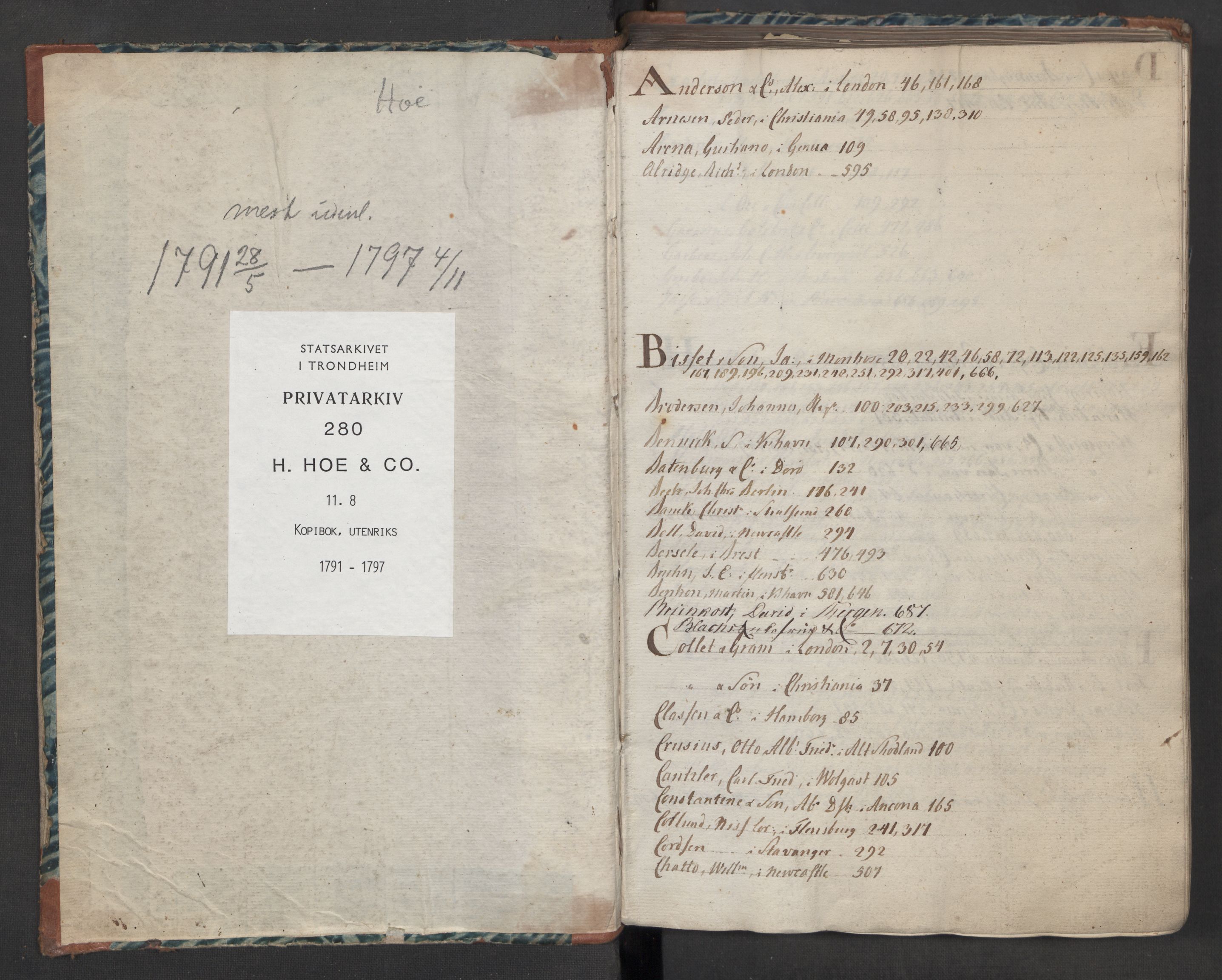 Hoë, Herman & Co, SAT/PA-0280/11/L0008: Kopibok, utenriks, 1791-1797