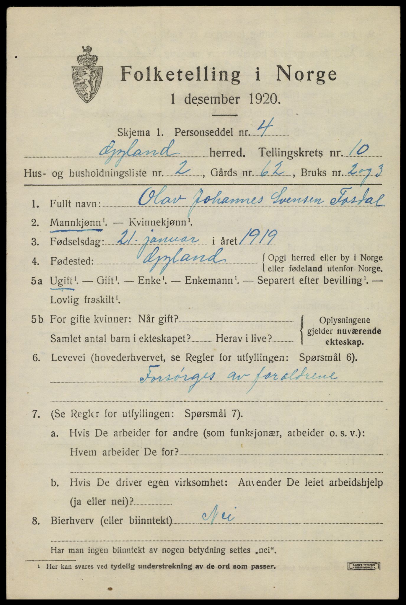 SAK, Folketelling 1920 for 1044 Gyland herred, 1920, s. 2192