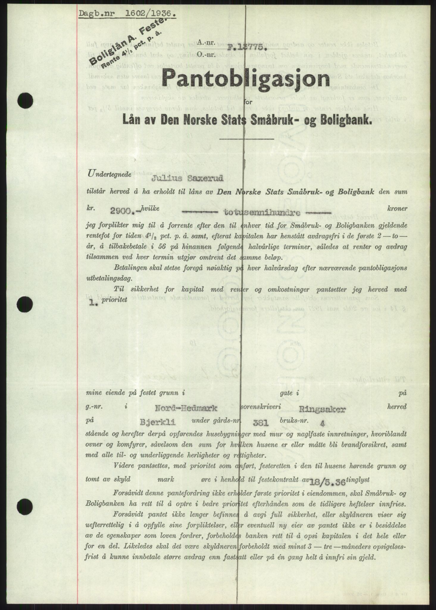 Nord-Hedmark sorenskriveri, SAH/TING-012/H/Hb/Hbf/L0001: Pantebok nr. B1, 1936-1936, Dagboknr: 1602/1936