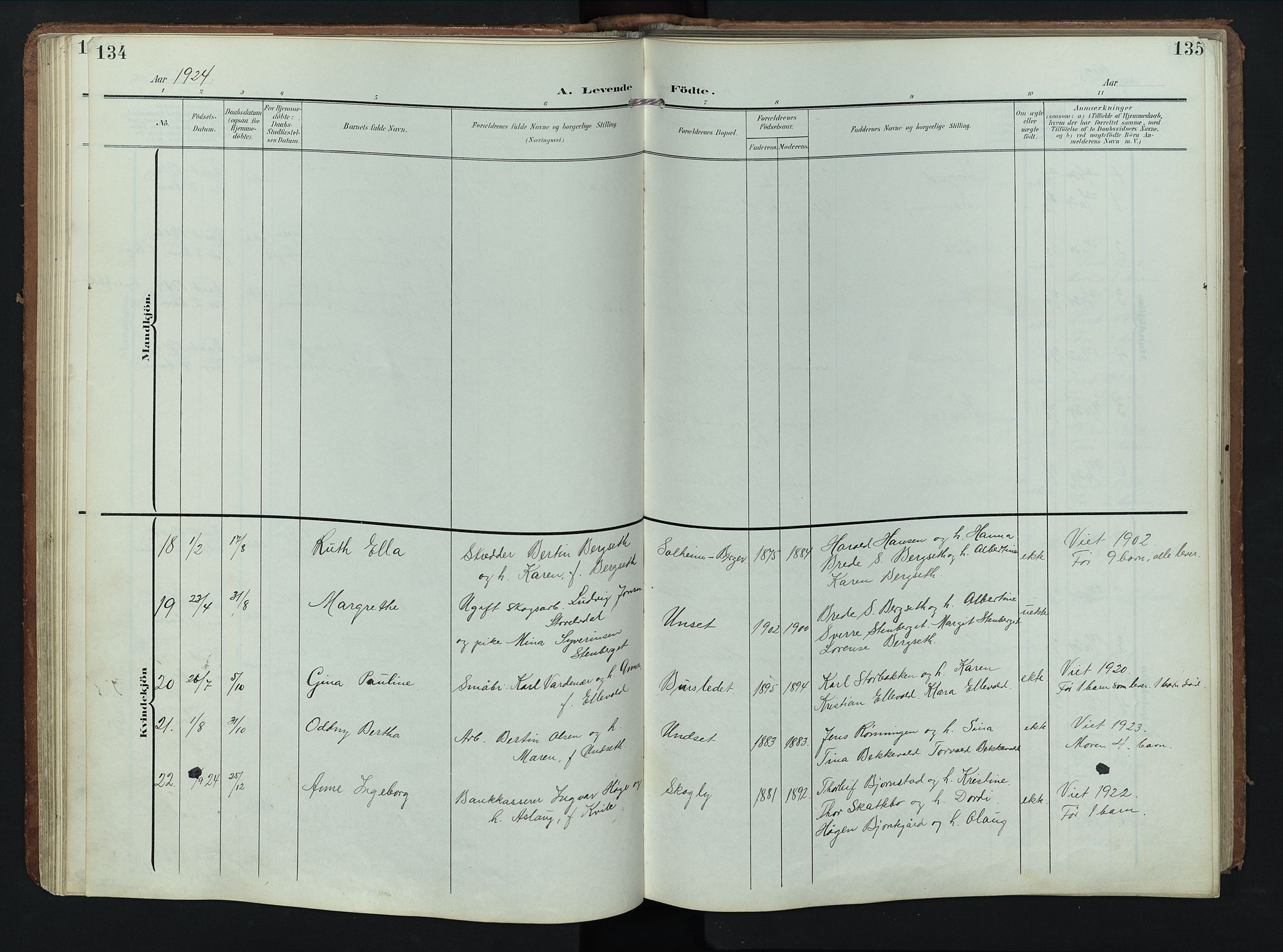 Rendalen prestekontor, AV/SAH-PREST-054/H/Ha/Hab/L0004: Klokkerbok nr. 4, 1904-1946, s. 134-135