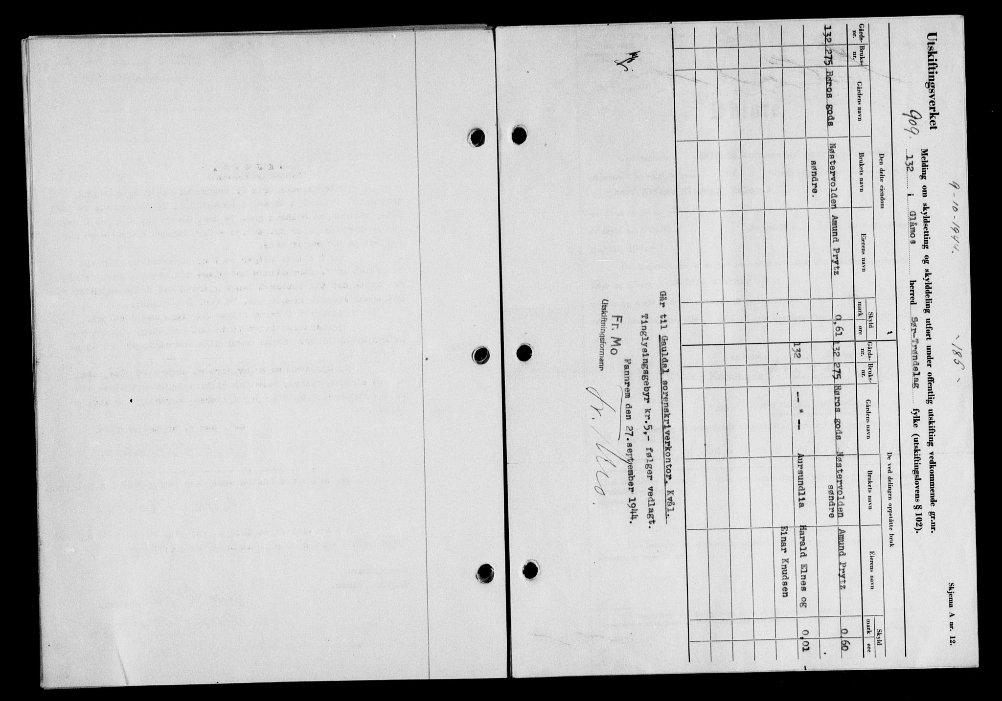 Gauldal sorenskriveri, SAT/A-0014/1/2/2C/L0058: Pantebok nr. 63, 1944-1945, Dagboknr: 909/1944