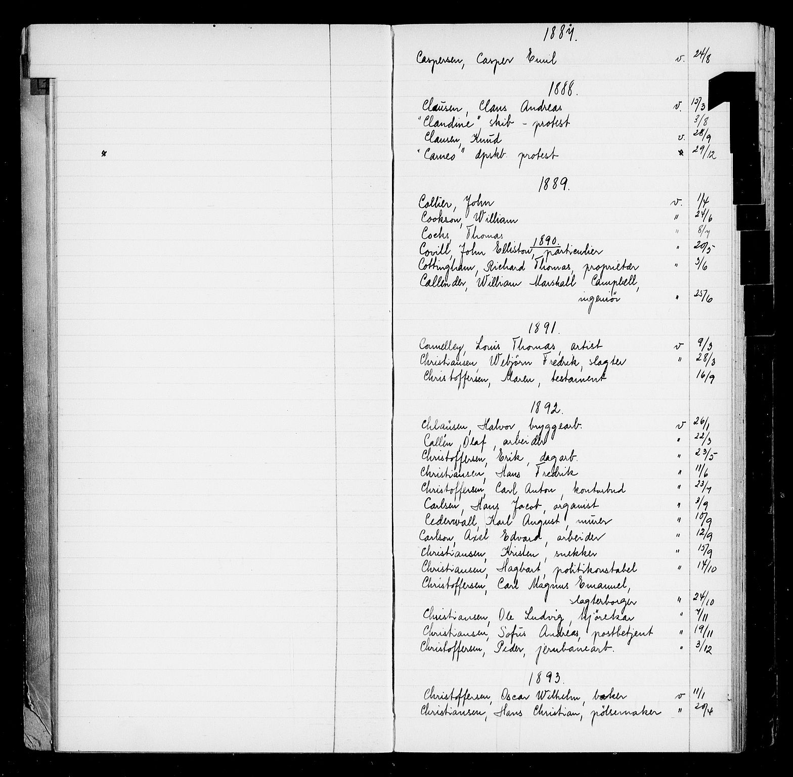 Oslo byfogd avd. I, AV/SAO-A-10220/L/La/L0001: Register - Vigsler og testamenter, 1886-1910, s. 19
