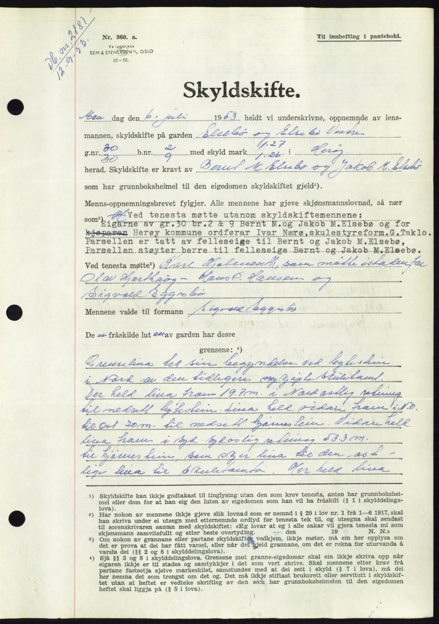 Søre Sunnmøre sorenskriveri, AV/SAT-A-4122/1/2/2C/L0095: Pantebok nr. 21A, 1953-1953, Dagboknr: 2181/1953