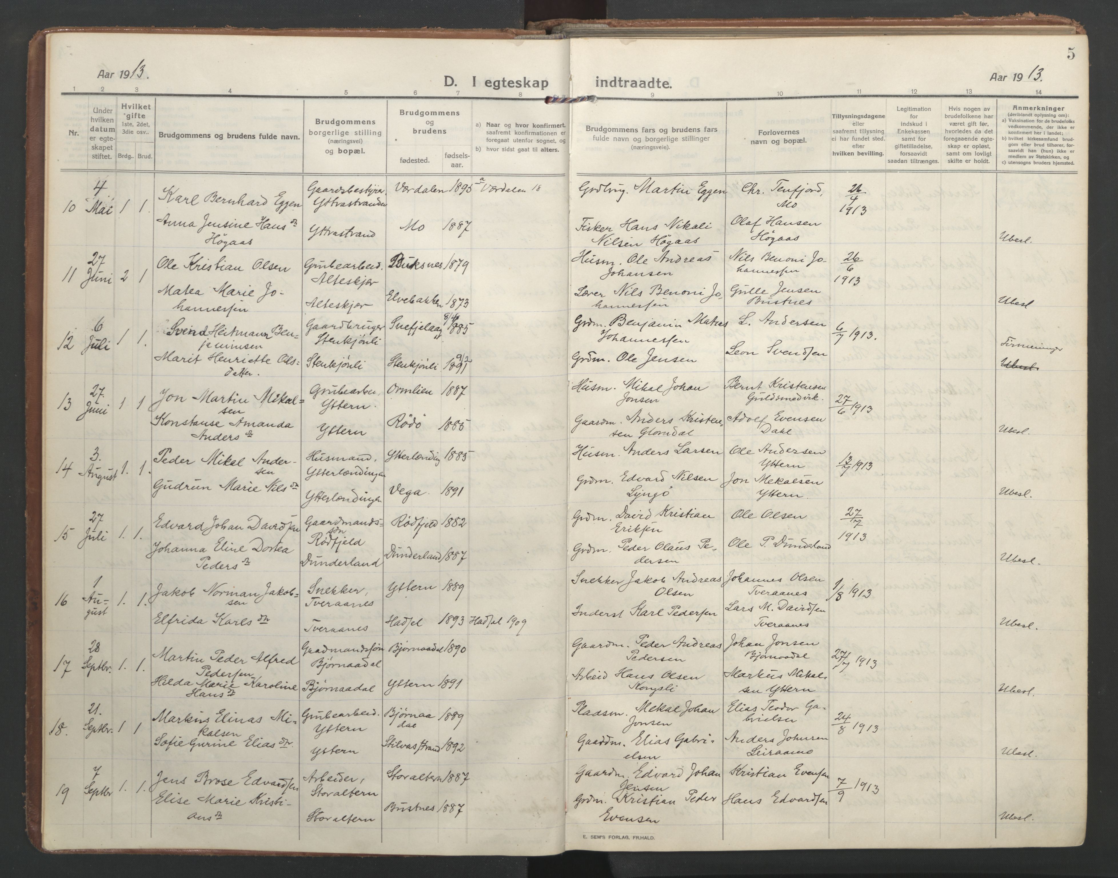 Ministerialprotokoller, klokkerbøker og fødselsregistre - Nordland, AV/SAT-A-1459/827/L0405: Ministerialbok nr. 827A17, 1912-1925, s. 5