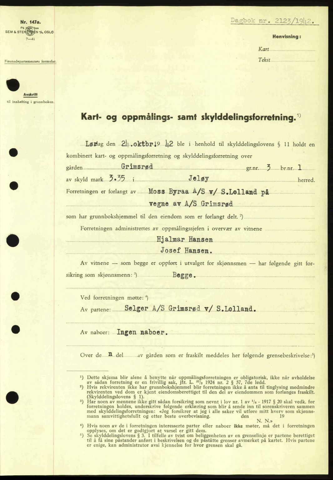 Moss sorenskriveri, SAO/A-10168: Pantebok nr. A10, 1942-1943, Dagboknr: 2123/1942