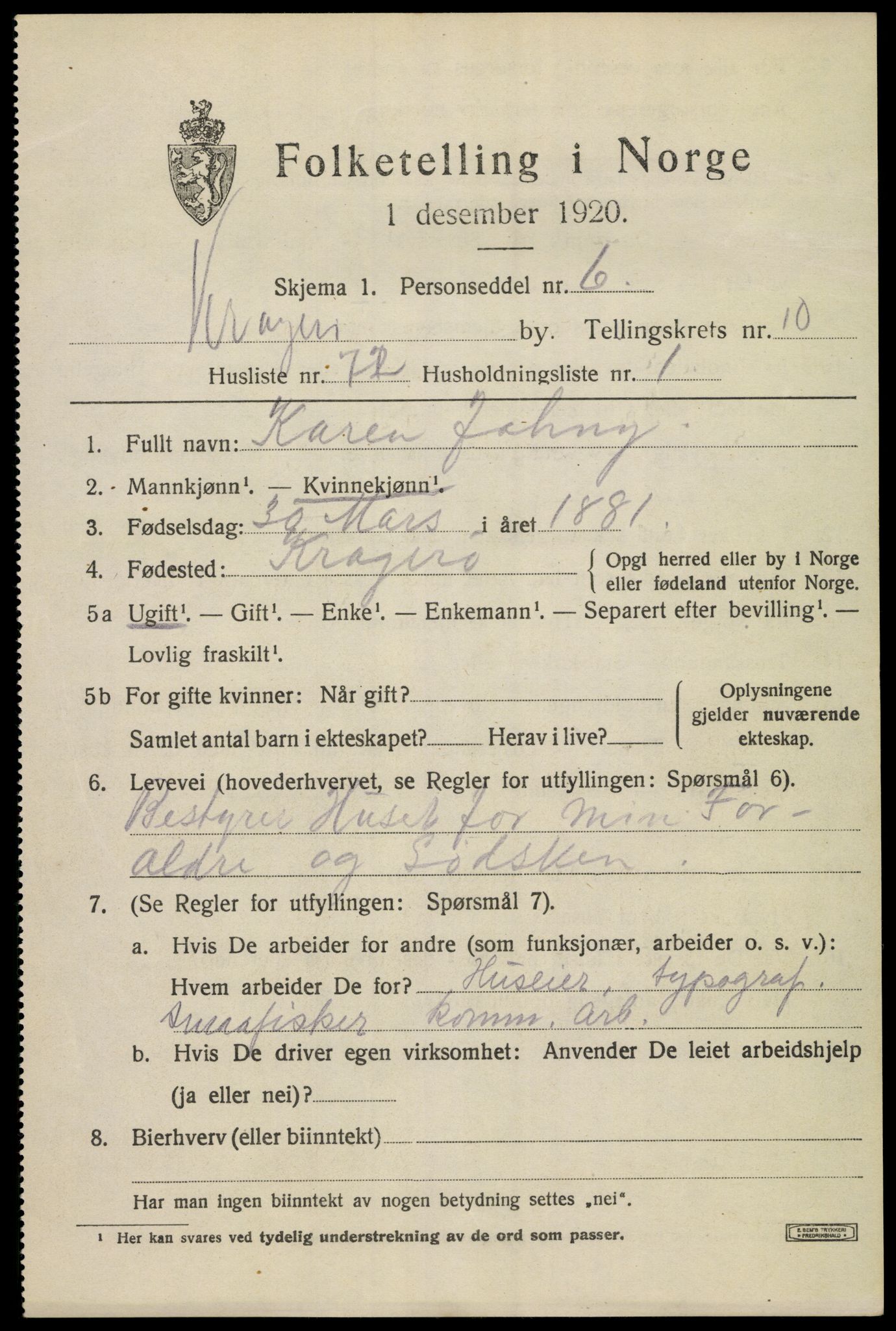 SAKO, Folketelling 1920 for 0801 Kragerø kjøpstad, 1920, s. 13857