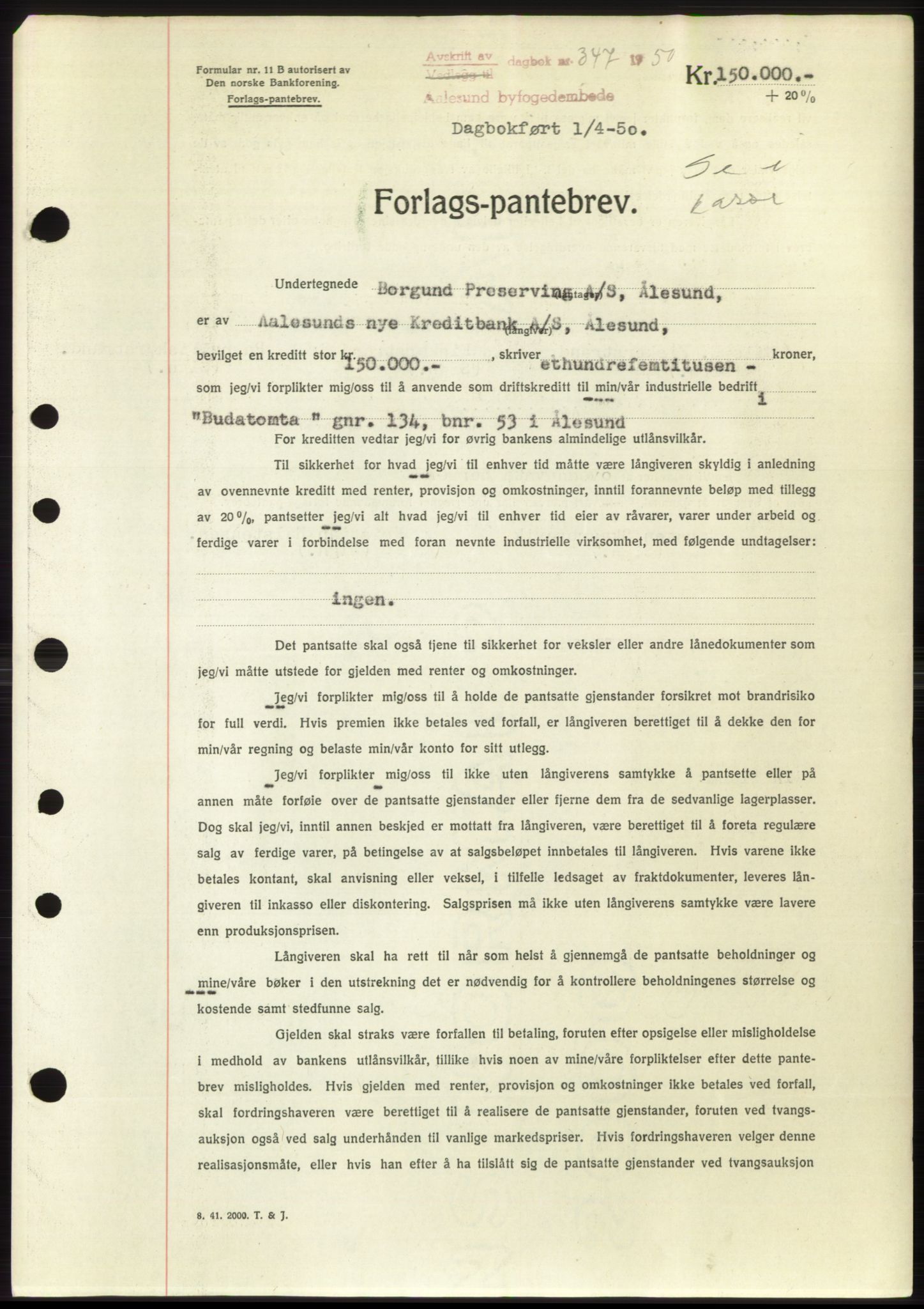Ålesund byfogd, AV/SAT-A-4384: Pantebok nr. B36-38, 1948-1950, Dagboknr: 347/1950