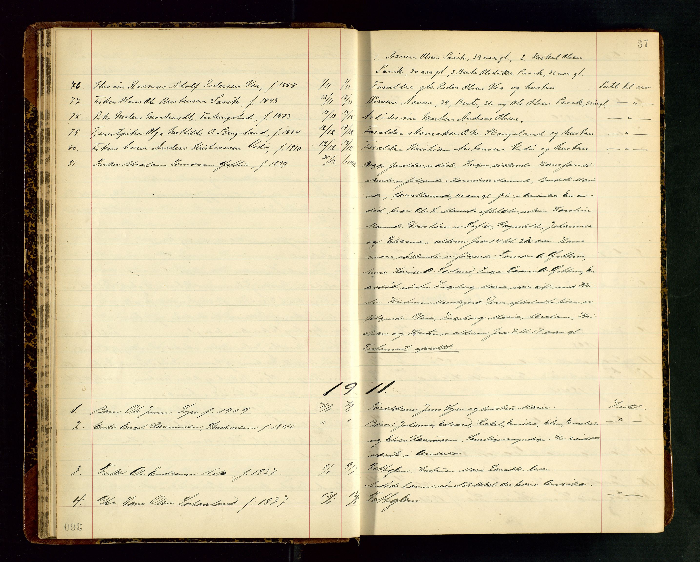 Karmsund sorenskriveri, AV/SAST-A-100311/01/IV/IVAB/L0004: DØDSFALLSPROTOKOLL, 1905-1911, s. 37
