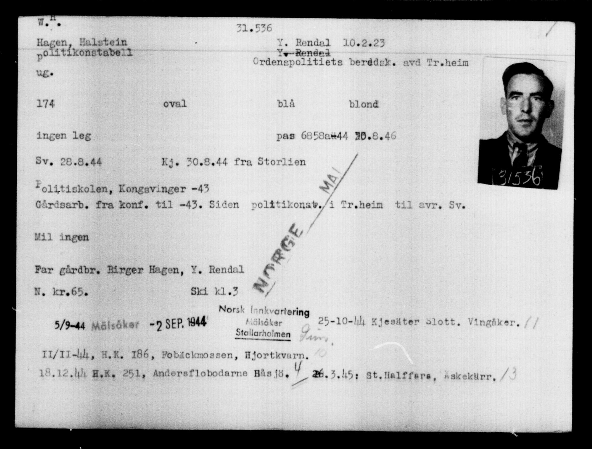 Den Kgl. Norske Legasjons Flyktningskontor, AV/RA-S-6753/V/Va/L0013: Kjesäterkartoteket.  Flyktningenr. 31500-34731, 1940-1945, s. 39