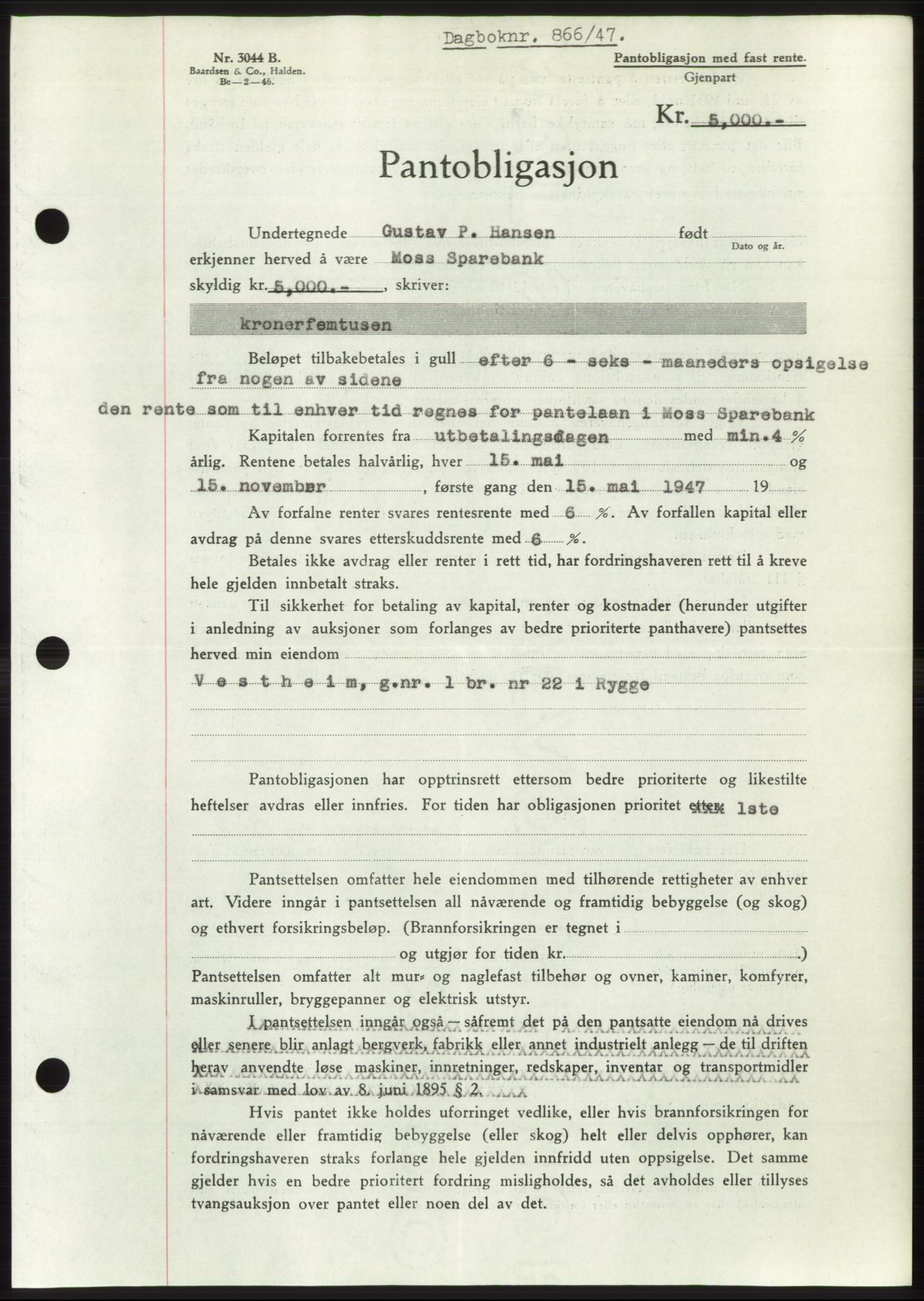 Moss sorenskriveri, SAO/A-10168: Pantebok nr. B17, 1947-1947, Dagboknr: 866/1947
