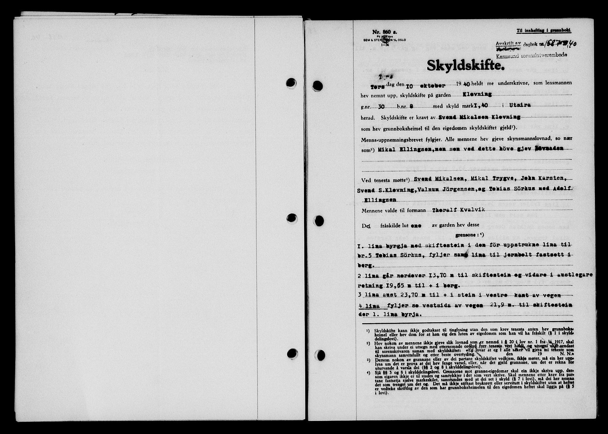Karmsund sorenskriveri, SAST/A-100311/01/II/IIB/L0074: Pantebok nr. 55A, 1940-1941, Dagboknr: 1587/1940
