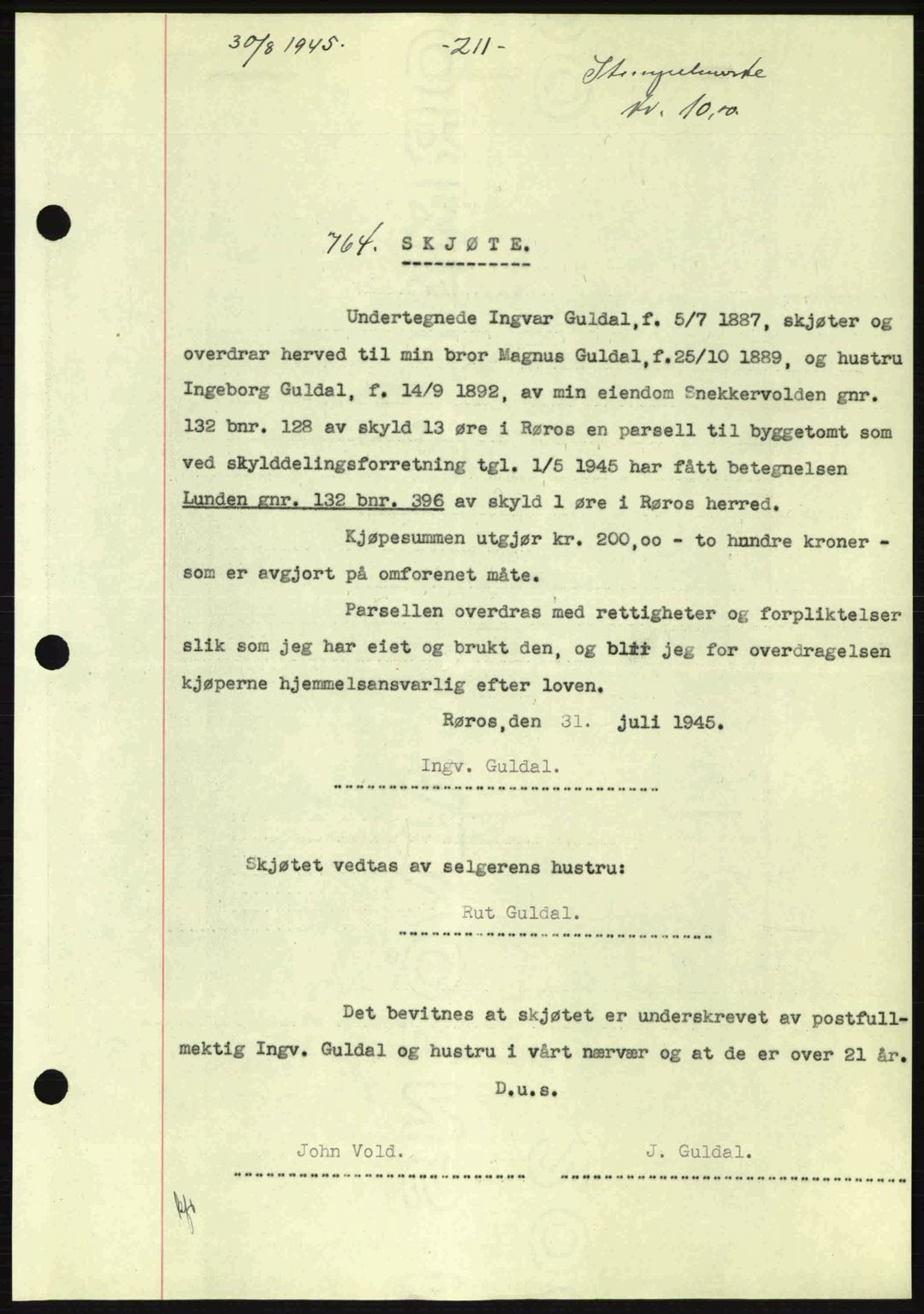 Gauldal sorenskriveri, SAT/A-0014/1/2/2C: Pantebok nr. A1a, 1945-1945, Dagboknr: 764/1945