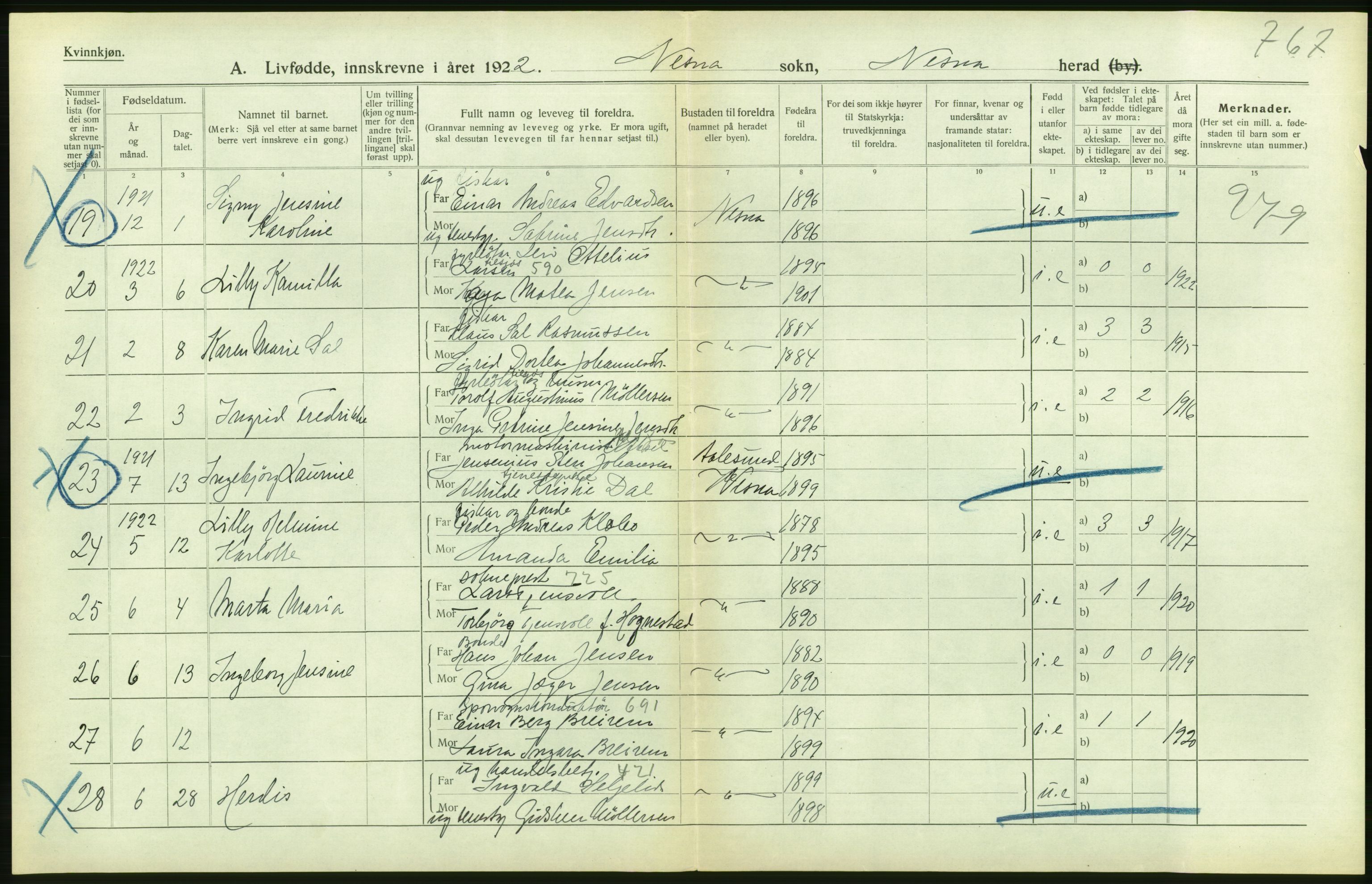 Statistisk sentralbyrå, Sosiodemografiske emner, Befolkning, RA/S-2228/D/Df/Dfc/Dfcb/L0044: Nordland fylke: Levendefødte menn og kvinner. Bygder og byer., 1922, s. 230