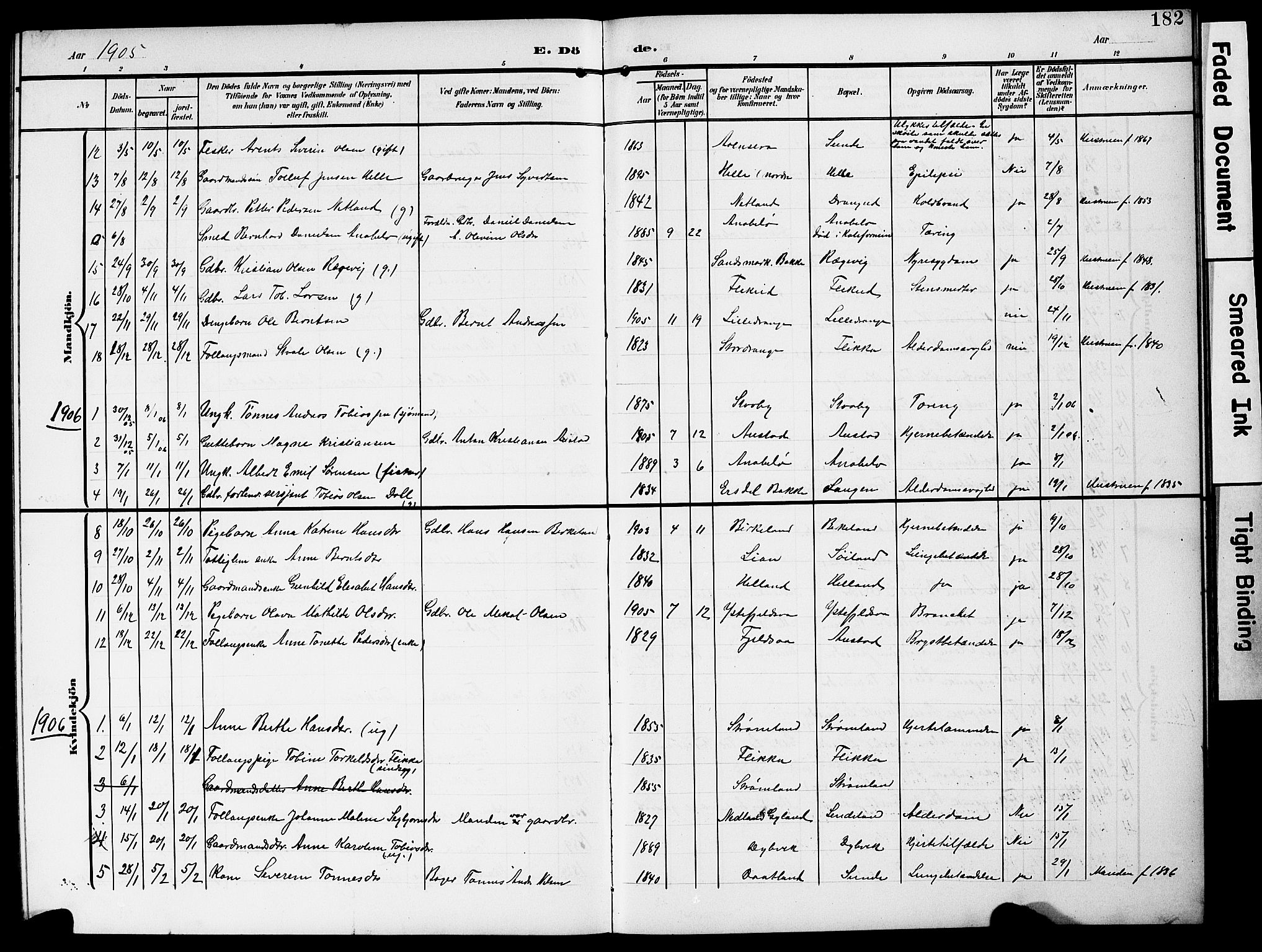 Flekkefjord sokneprestkontor, AV/SAK-1111-0012/F/Fb/Fbc/L0008: Klokkerbok nr. B 8, 1903-1931, s. 182