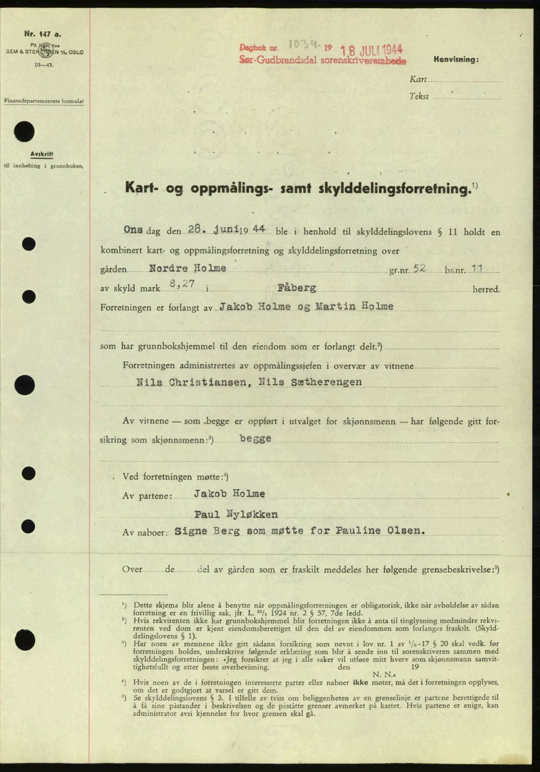 Sør-Gudbrandsdal tingrett, SAH/TING-004/H/Hb/Hbd/L0013: Pantebok nr. A13, 1944-1944, Dagboknr: 1039/1944