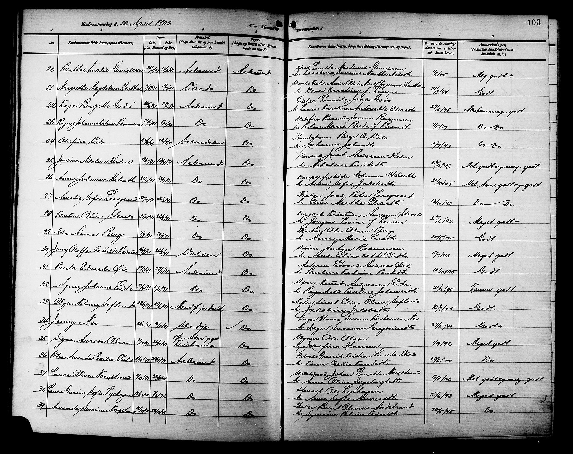 Ministerialprotokoller, klokkerbøker og fødselsregistre - Møre og Romsdal, AV/SAT-A-1454/529/L0469: Klokkerbok nr. 529C06, 1898-1906, s. 103