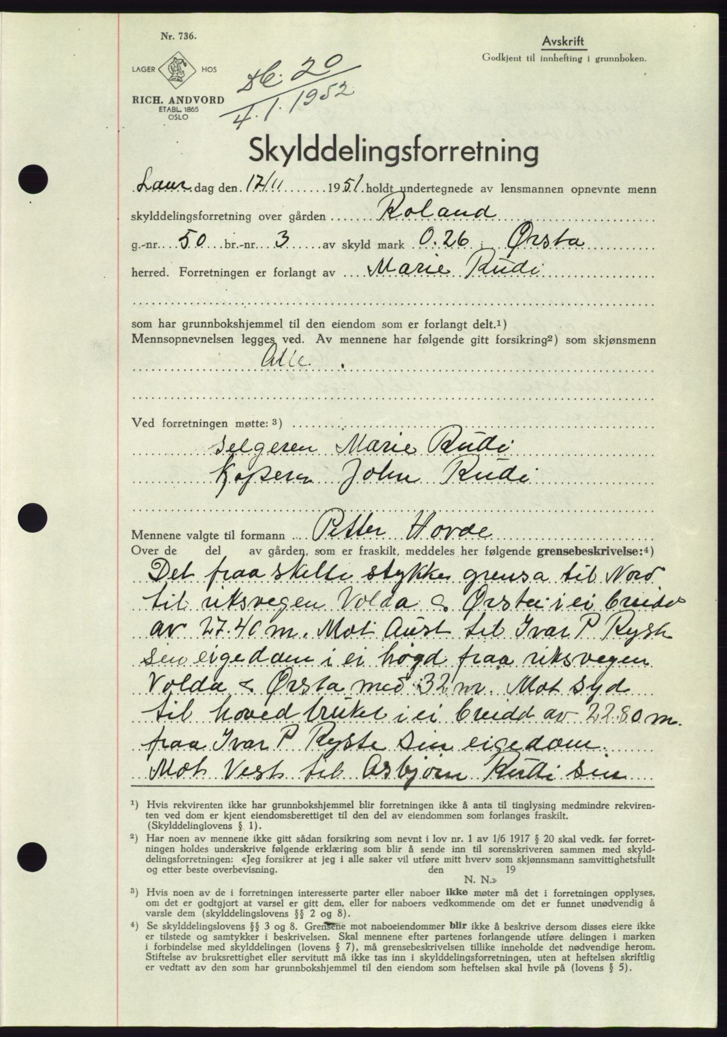 Søre Sunnmøre sorenskriveri, SAT/A-4122/1/2/2C/L0091: Pantebok nr. 17A, 1951-1952, Dagboknr: 20/1952