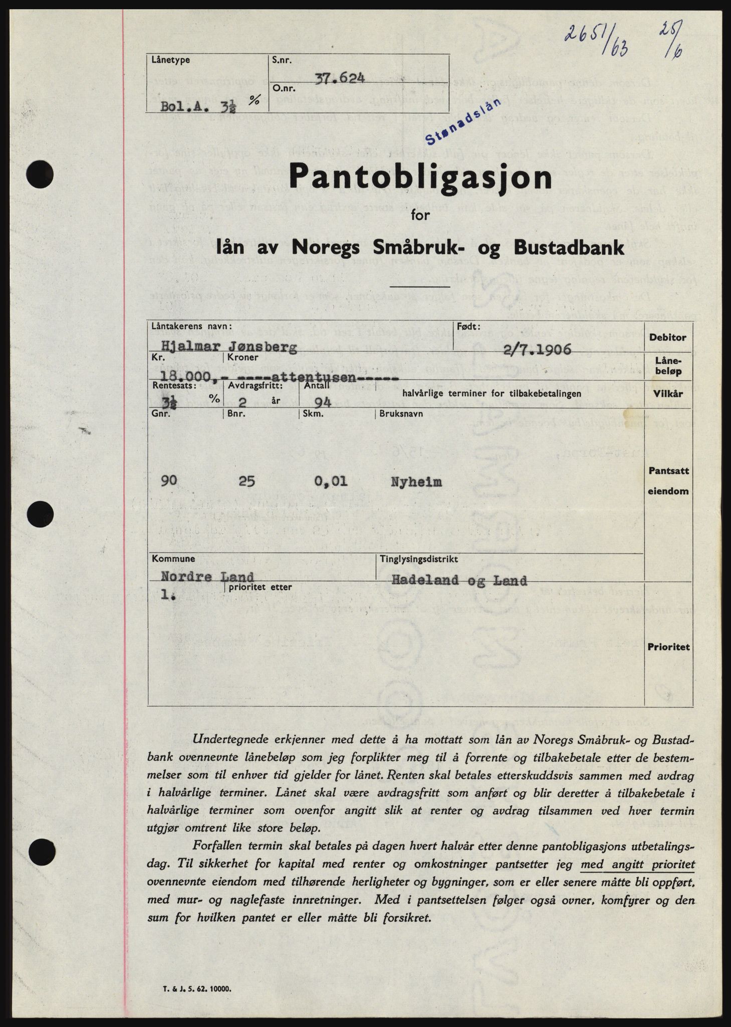 Hadeland og Land tingrett, SAH/TING-010/H/Hb/Hbc/L0052: Pantebok nr. B52, 1963-1963, Dagboknr: 2651/1963