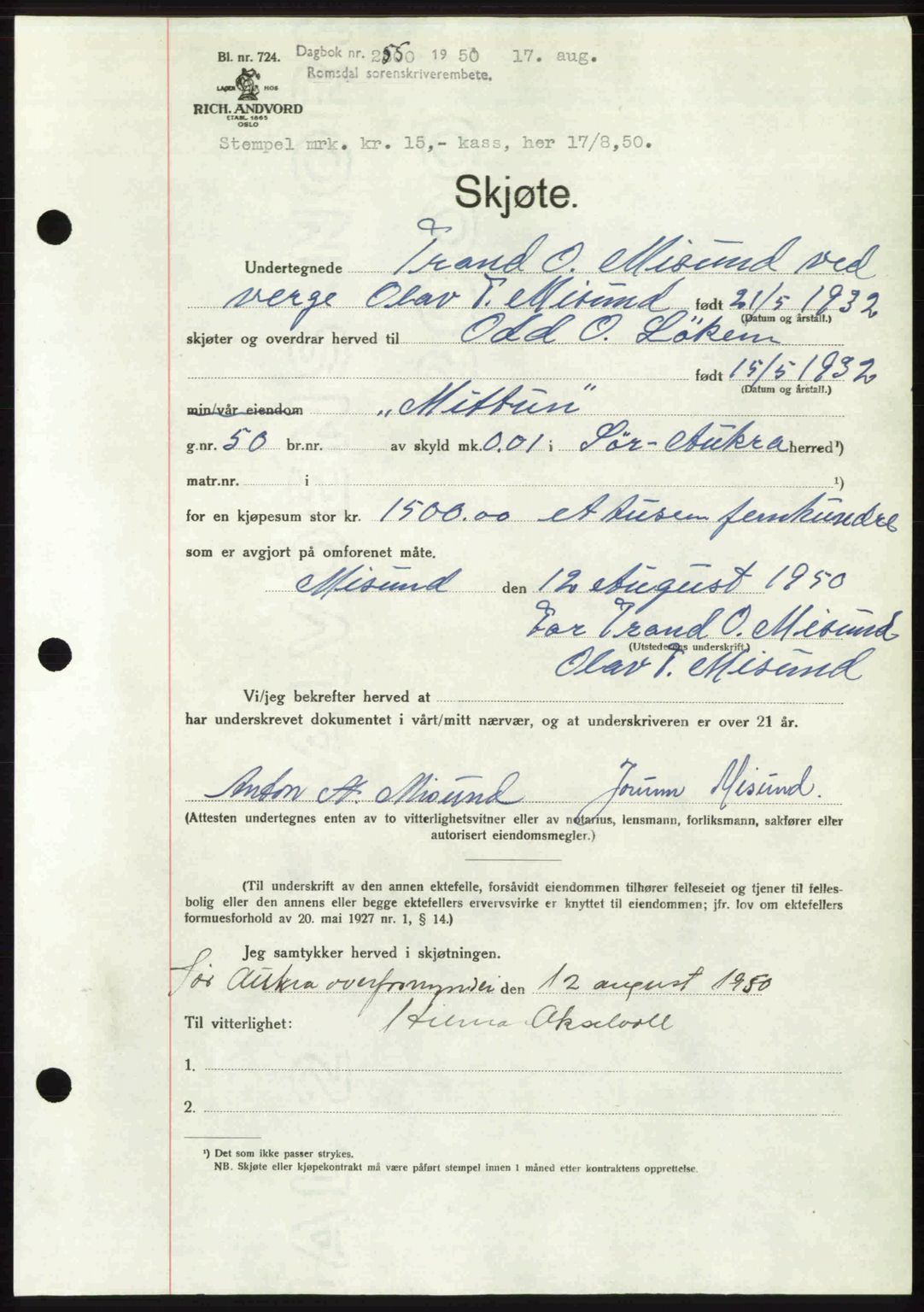 Romsdal sorenskriveri, AV/SAT-A-4149/1/2/2C: Pantebok nr. A34, 1950-1950, Dagboknr: 2550/1950