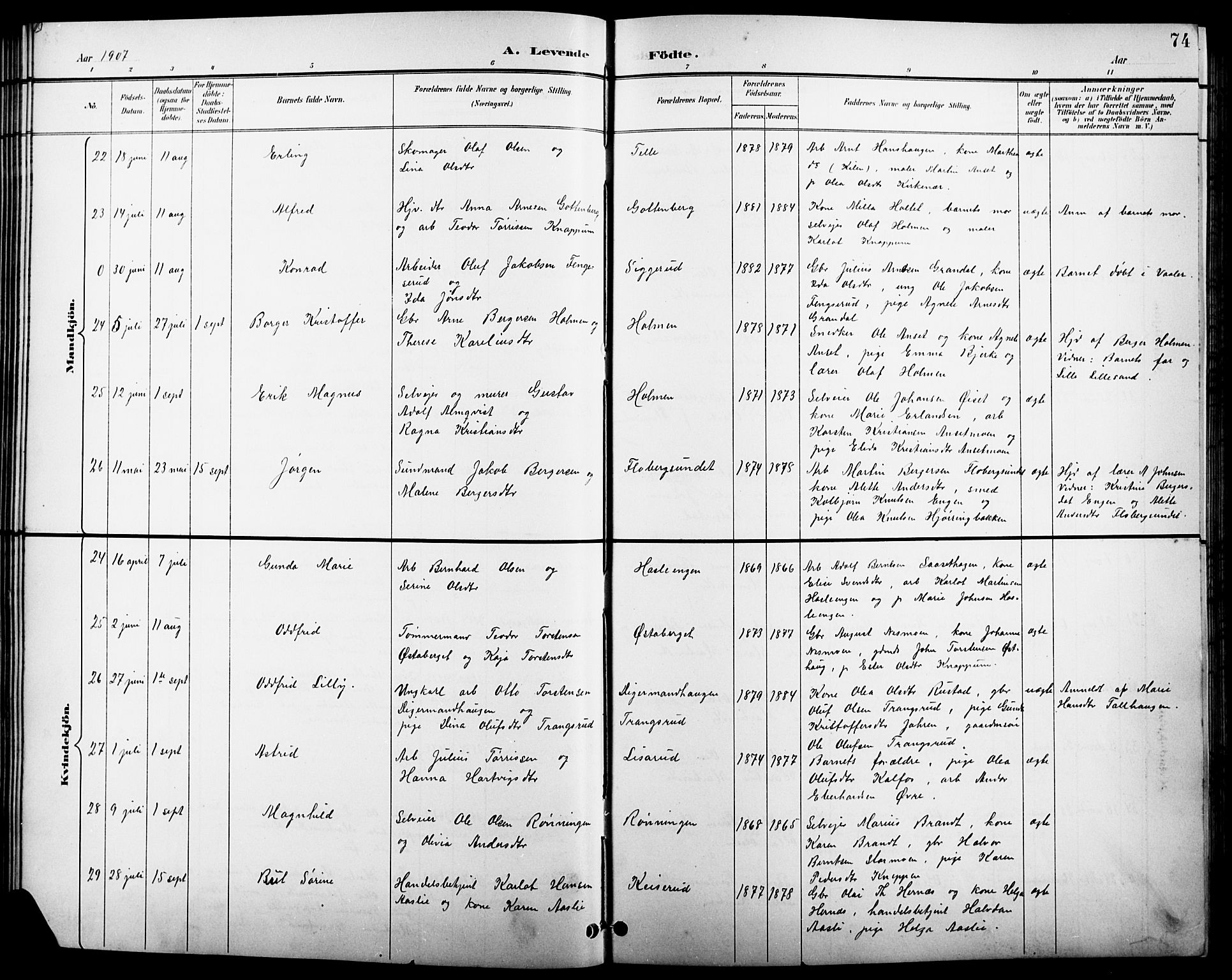 Åsnes prestekontor, SAH/PREST-042/H/Ha/Hab/L0004: Klokkerbok nr. 4, 1895-1909, s. 74