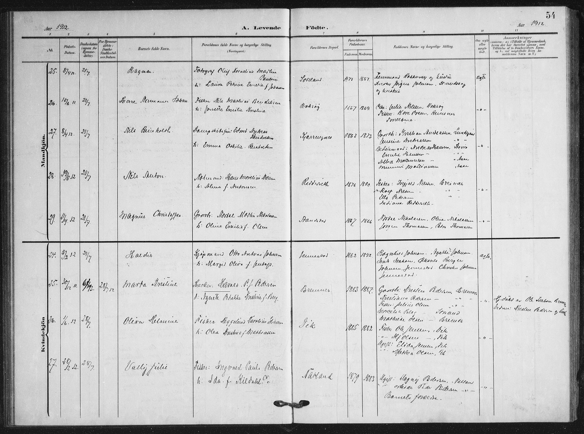 Ministerialprotokoller, klokkerbøker og fødselsregistre - Nordland, AV/SAT-A-1459/895/L1373: Ministerialbok nr. 895A08, 1905-1915, s. 54