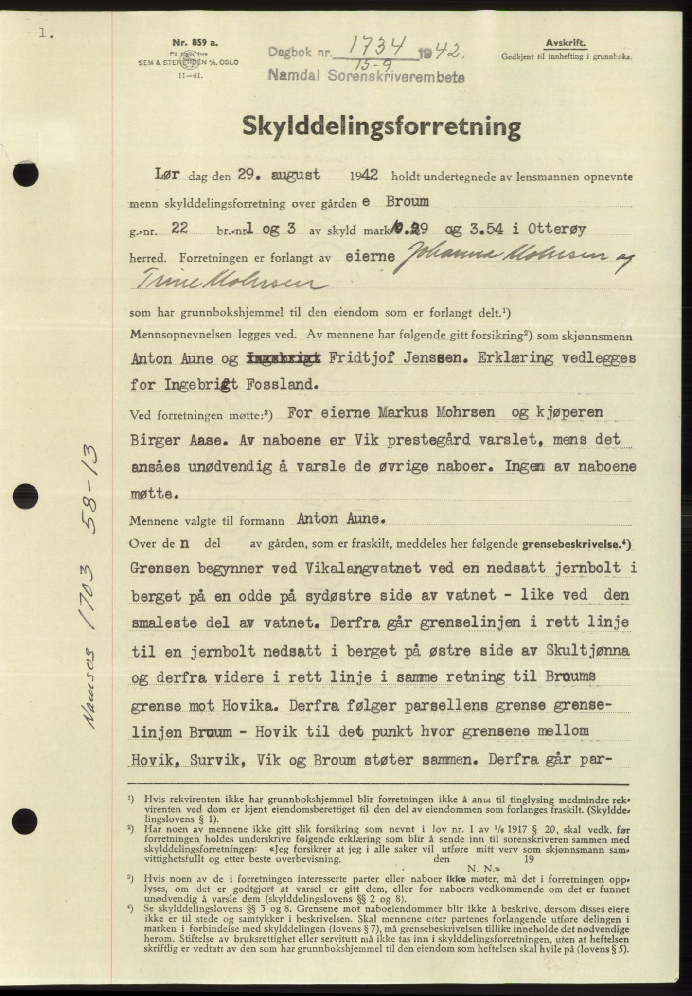 Namdal sorenskriveri, SAT/A-4133/1/2/2C: Pantebok nr. -, 1942-1943, Dagboknr: 1734/1942