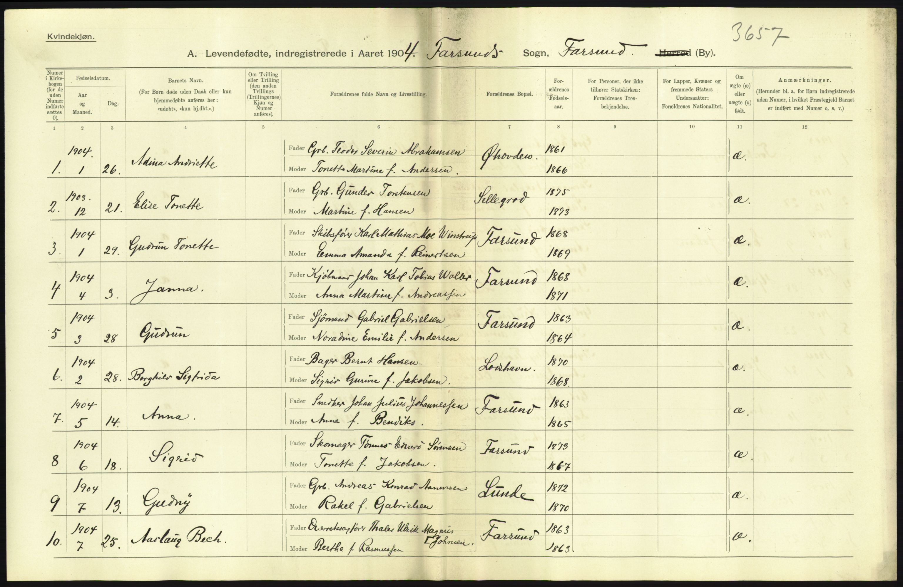 Statistisk sentralbyrå, Sosiodemografiske emner, Befolkning, AV/RA-S-2228/D/Df/Dfa/Dfab/L0011: Lister og Mandals amt: Fødte, gifte, døde, 1904, s. 495