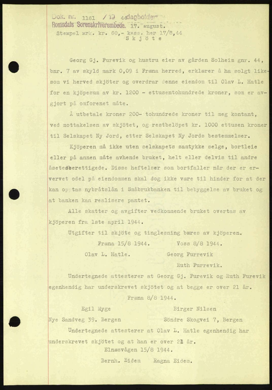 Romsdal sorenskriveri, SAT/A-4149/1/2/2C: Pantebok nr. A16, 1944-1944, Dagboknr: 1161/1944
