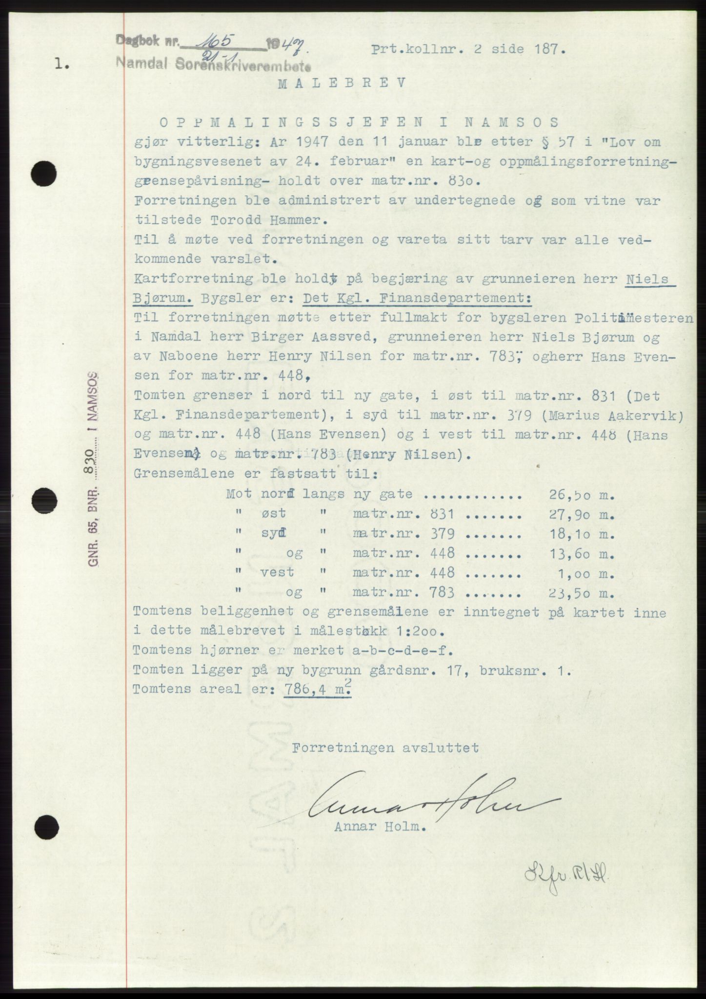 Namdal sorenskriveri, SAT/A-4133/1/2/2C: Pantebok nr. -, 1946-1947, Dagboknr: 165/1947