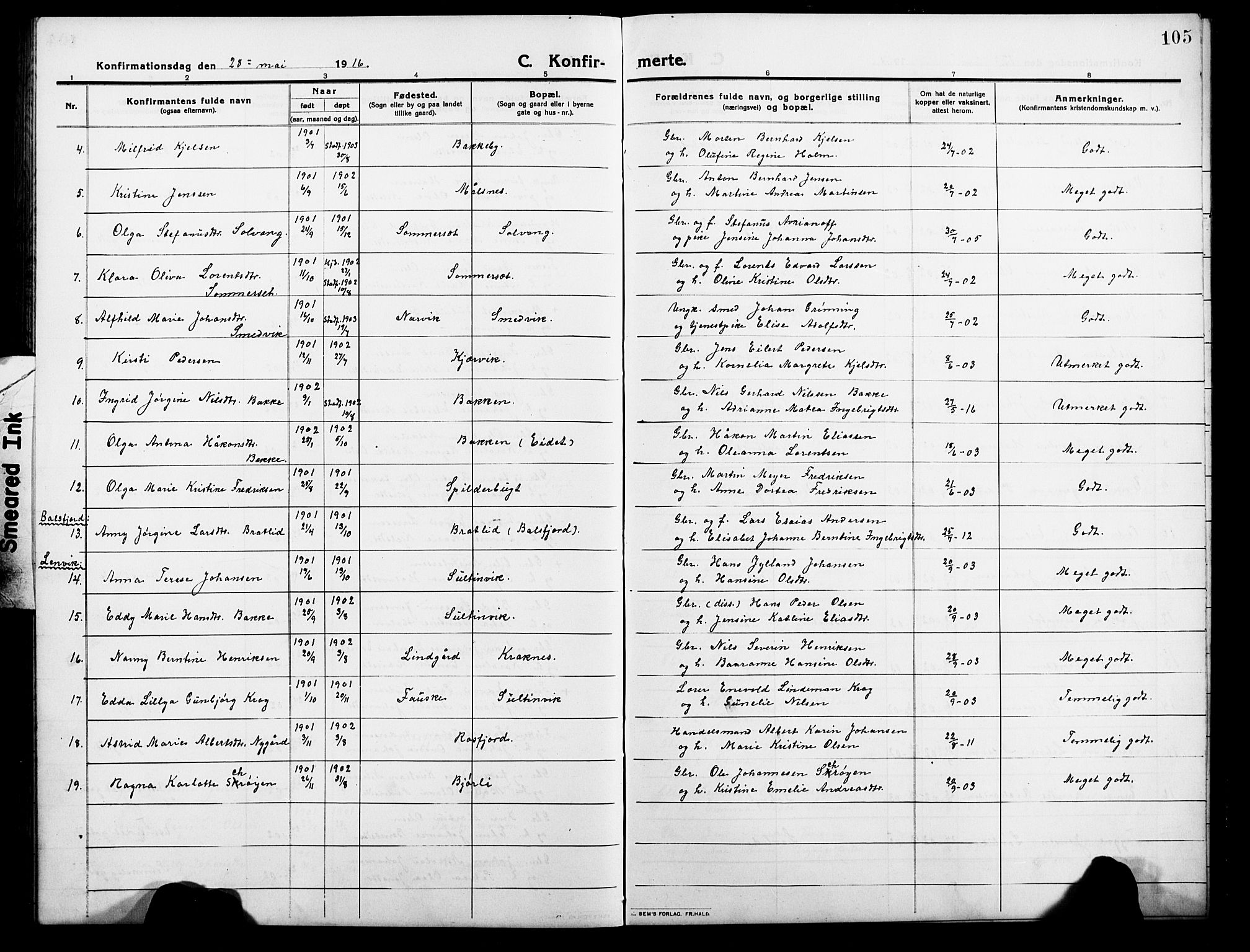 Balsfjord sokneprestembete, AV/SATØ-S-1303/G/Gab/L0004klokker: Klokkerbok nr. 4, 1910-1926, s. 105
