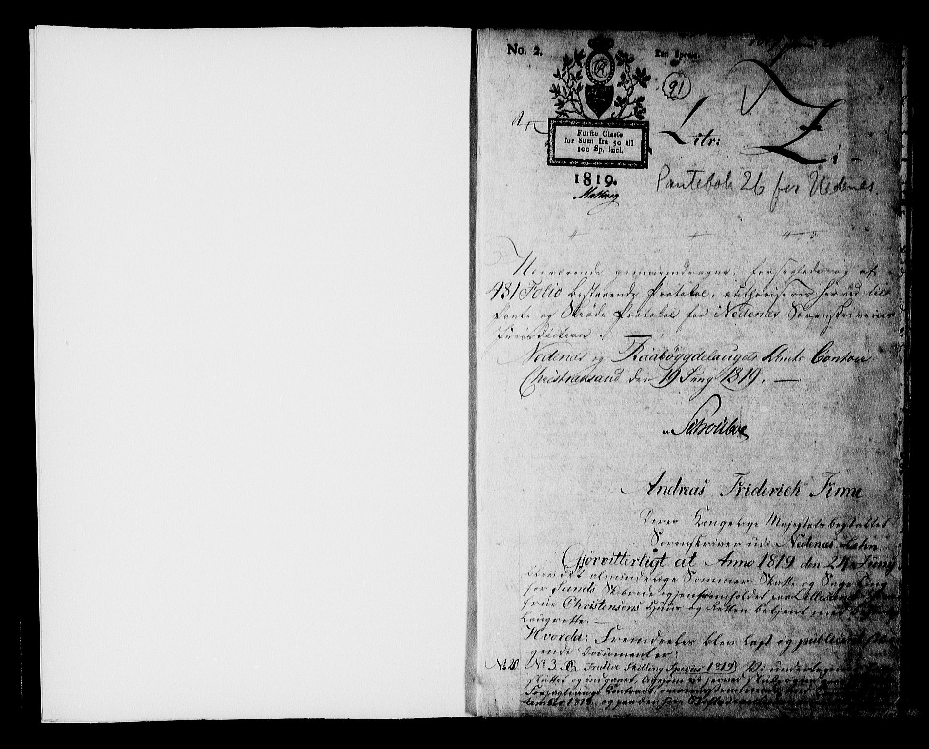 Nedenes sorenskriveri før 1824, AV/SAK-1221-0007/G/Gb/L0026: Pantebok nr. 26, 1819-1822, s. 1