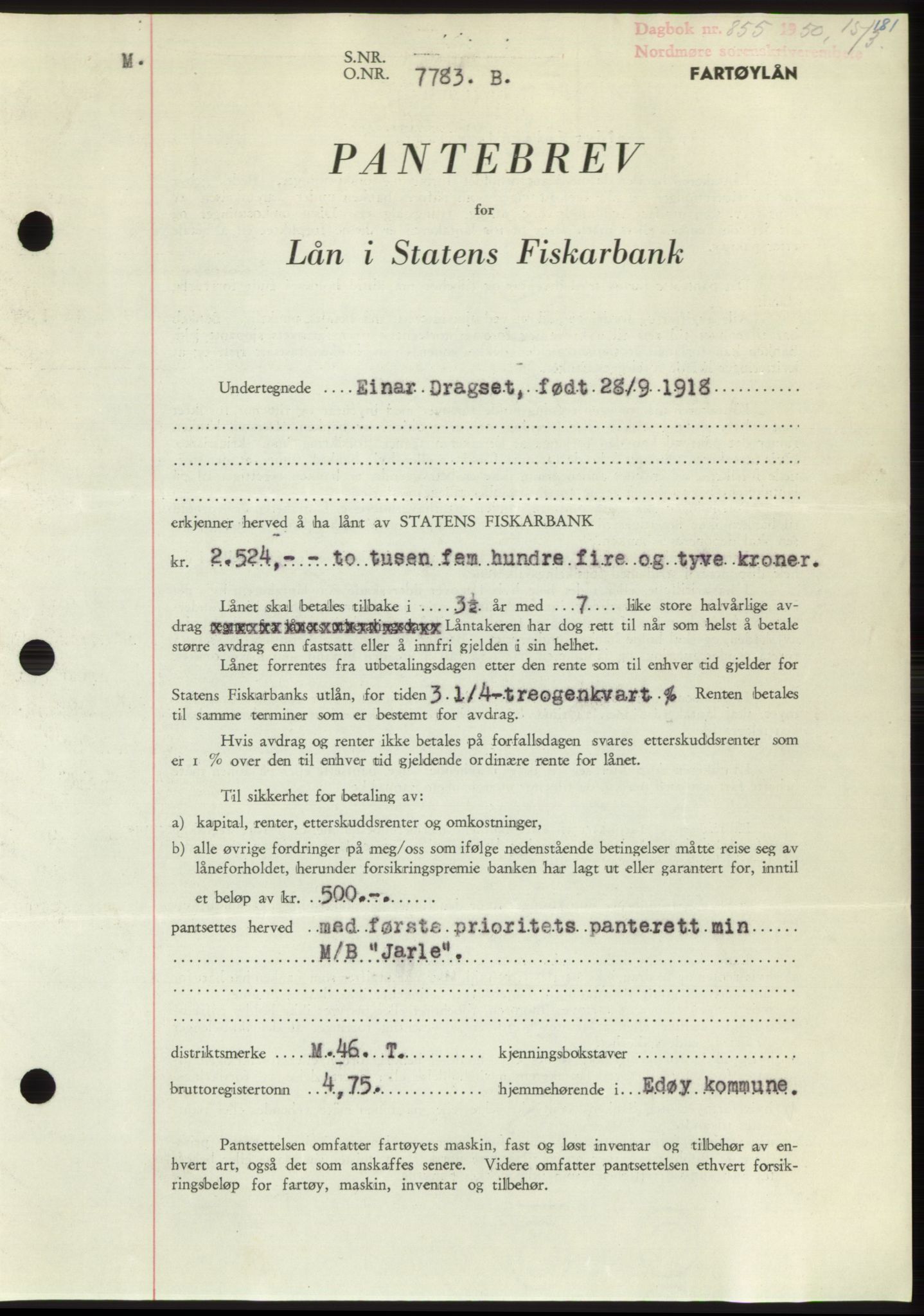 Nordmøre sorenskriveri, SAT/A-4132/1/2/2Ca: Pantebok nr. B104, 1950-1950, Dagboknr: 855/1950