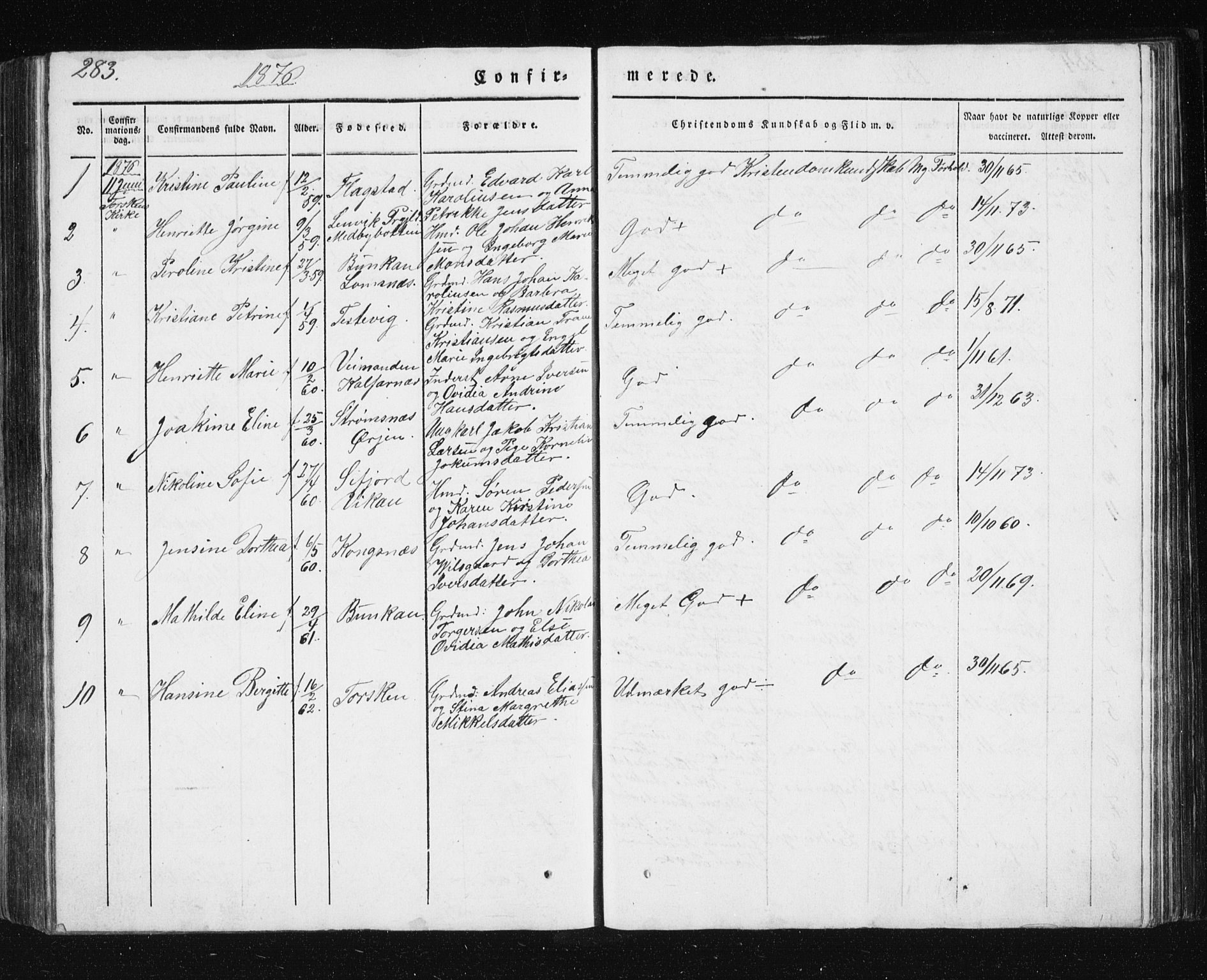 Berg sokneprestkontor, AV/SATØ-S-1318/G/Ga/Gab/L0011klokker: Klokkerbok nr. 11, 1833-1878, s. 283