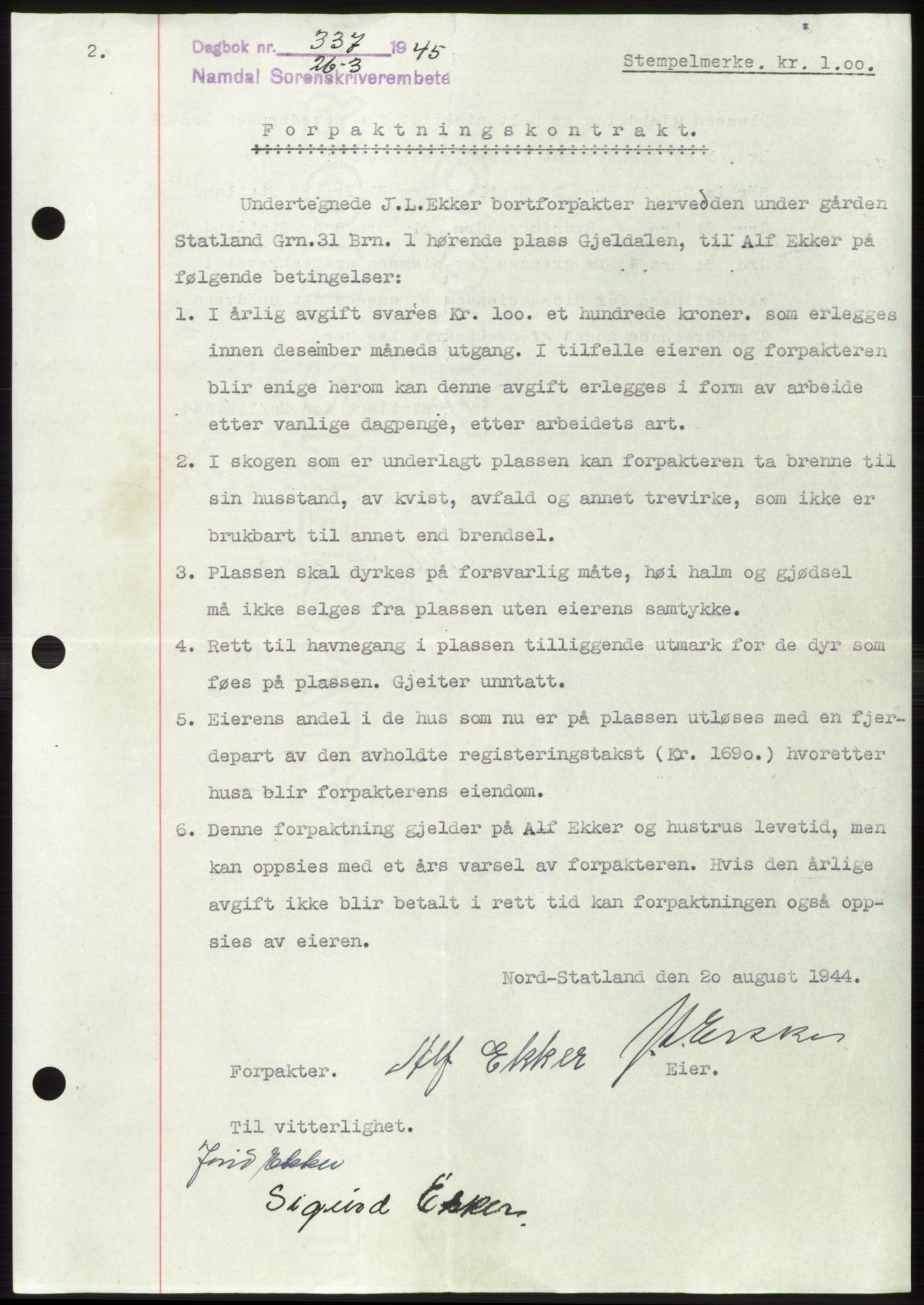 Namdal sorenskriveri, SAT/A-4133/1/2/2C: Pantebok nr. -, 1944-1945, Dagboknr: 337/1945
