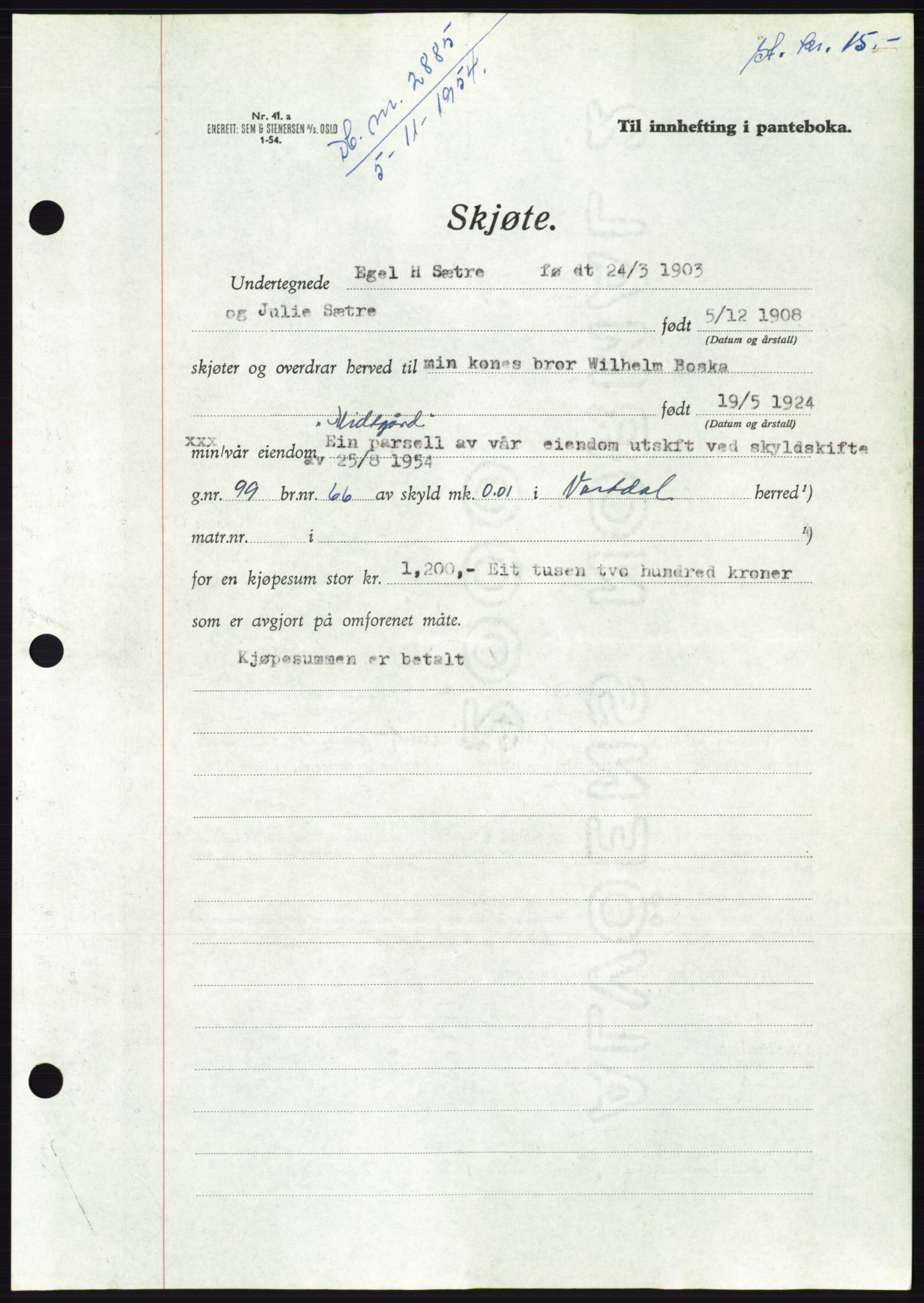 Søre Sunnmøre sorenskriveri, AV/SAT-A-4122/1/2/2C/L0099: Pantebok nr. 25A, 1954-1954, Dagboknr: 2885/1954