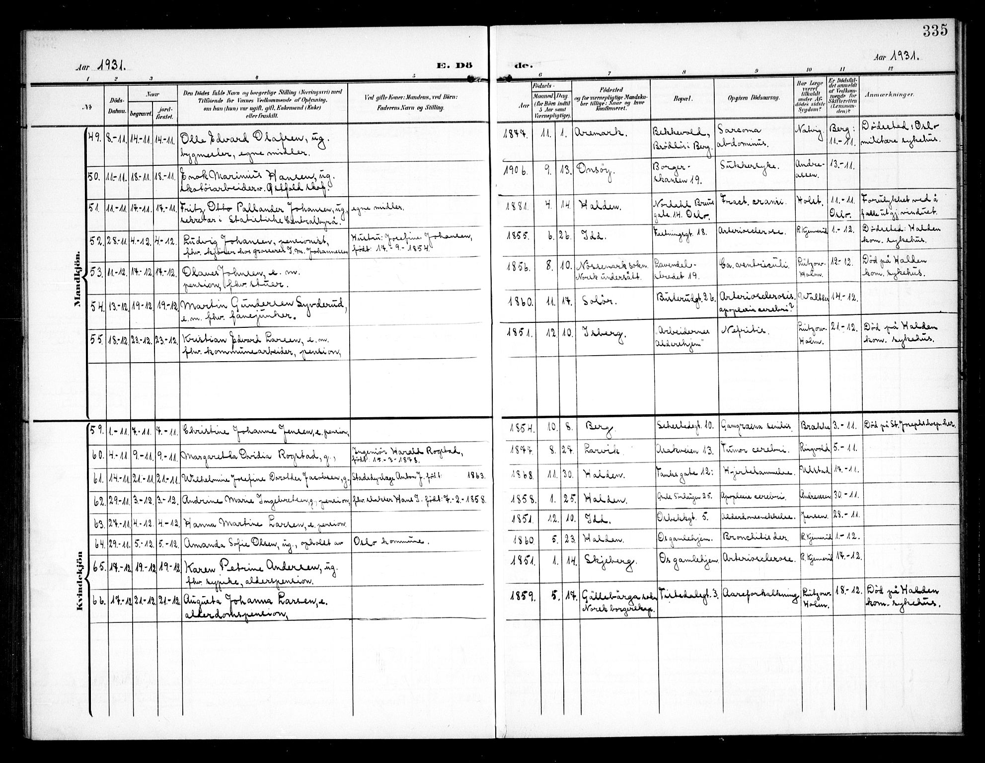 Halden prestekontor Kirkebøker, AV/SAO-A-10909/G/Ga/L0011: Klokkerbok nr. 11, 1906-1934, s. 335