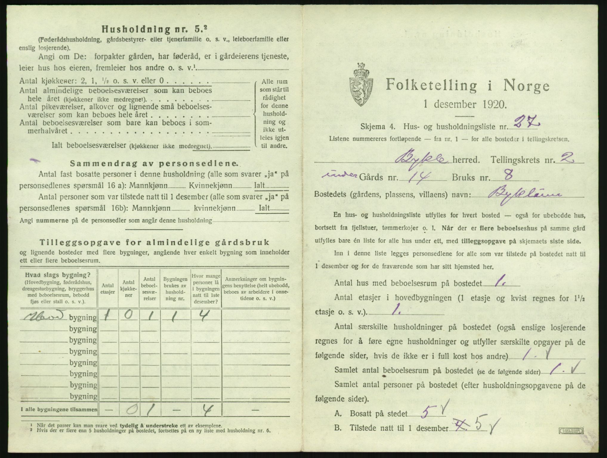 SAK, Folketelling 1920 for 0941 Bykle herred, 1920, s. 129