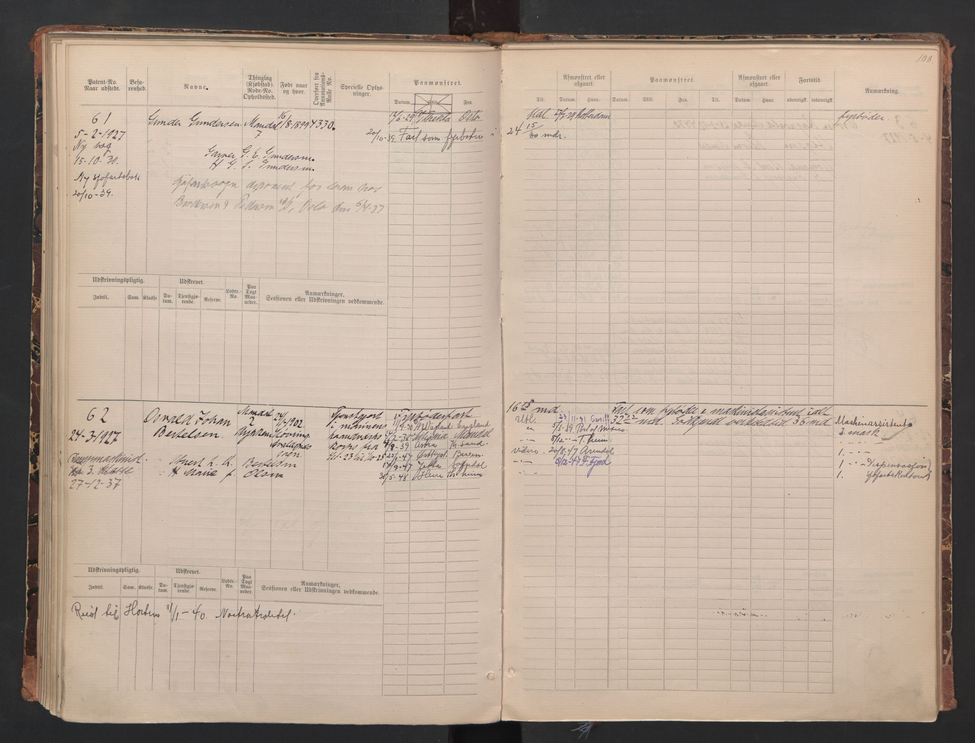 Mandal mønstringskrets, SAK/2031-0016/F/Fa/L0008: Annotasjonsrulle nr 1-3, hovedrulle nr 1-122, maskinister og fyrbøtere, med register, Y-18, 1883-1948, s. 61