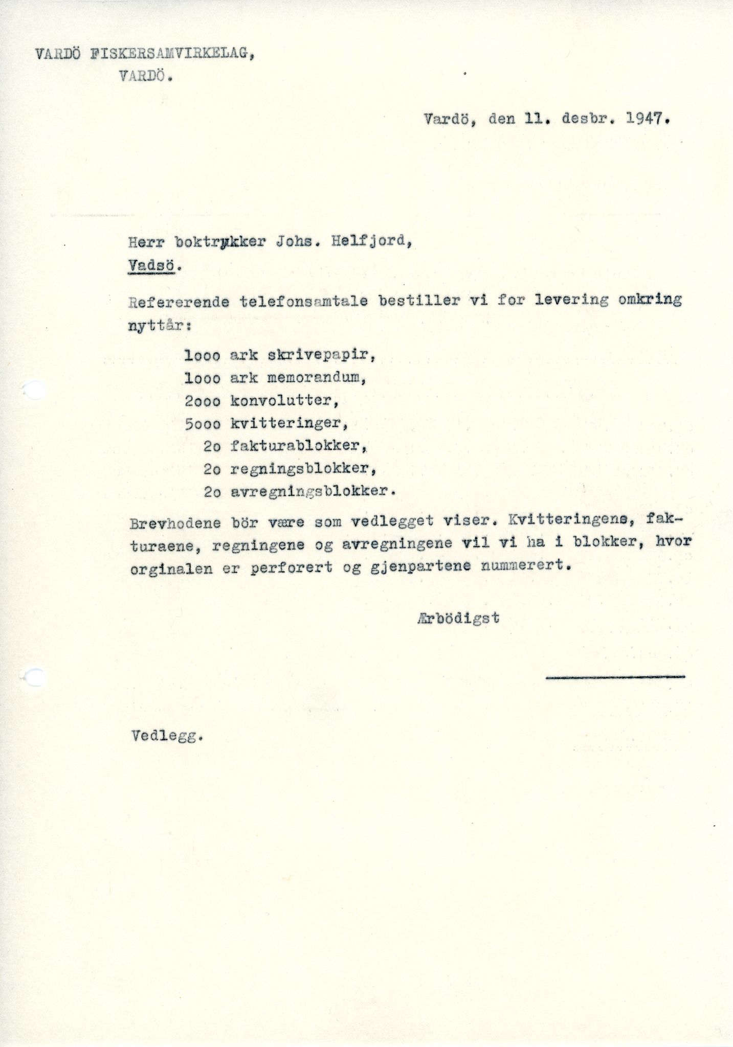 Vardø Fiskersamvirkelag, VAMU/A-0037/D/Da/L0008: Korrespondanse Tr-År, 1947-1950