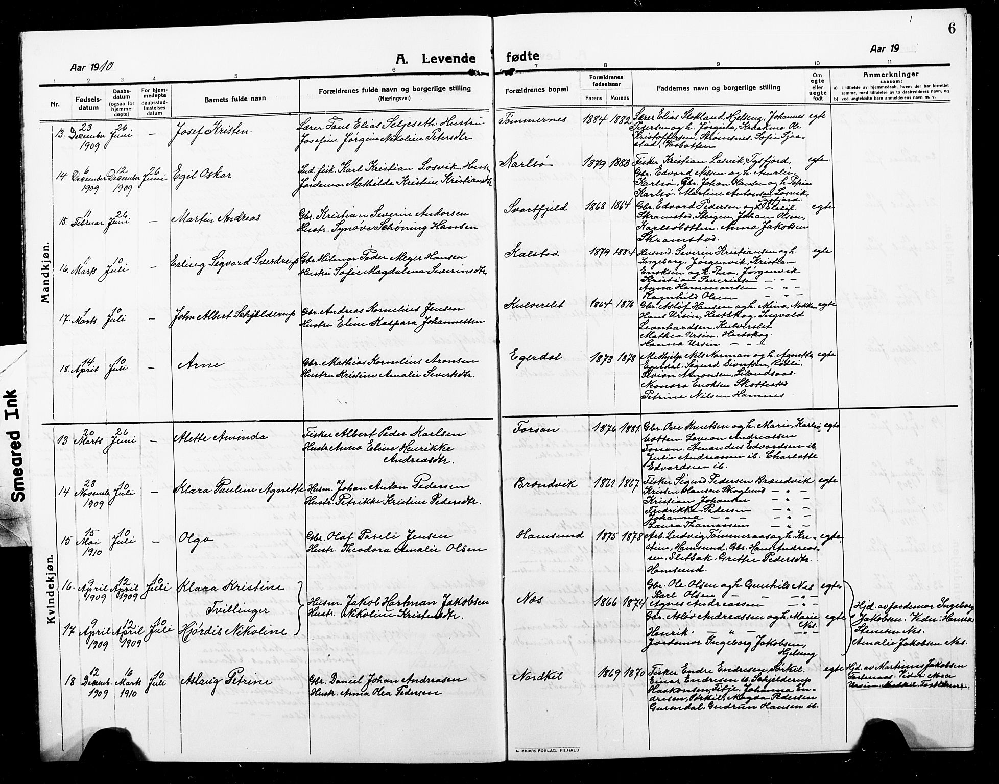 Ministerialprotokoller, klokkerbøker og fødselsregistre - Nordland, AV/SAT-A-1459/859/L0861: Klokkerbok nr. 859C07, 1910-1925, s. 6