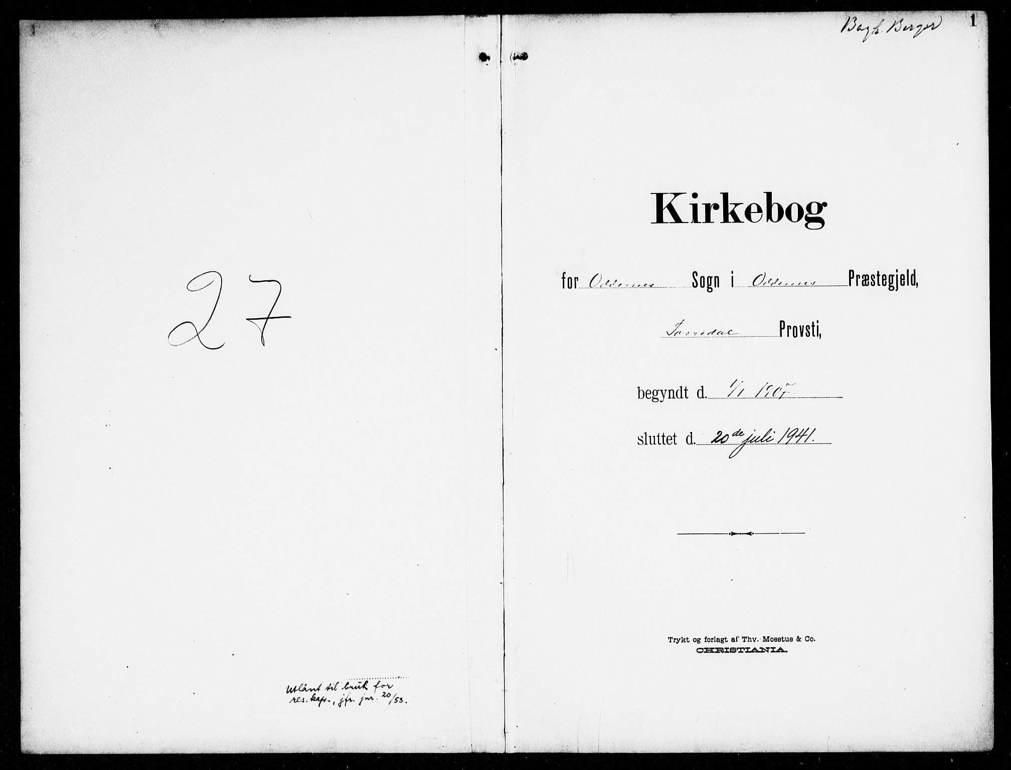 Oddernes sokneprestkontor, SAK/1111-0033/F/Fb/Fba/L0010: Klokkerbok nr. B 10, 1907-1941, s. 1