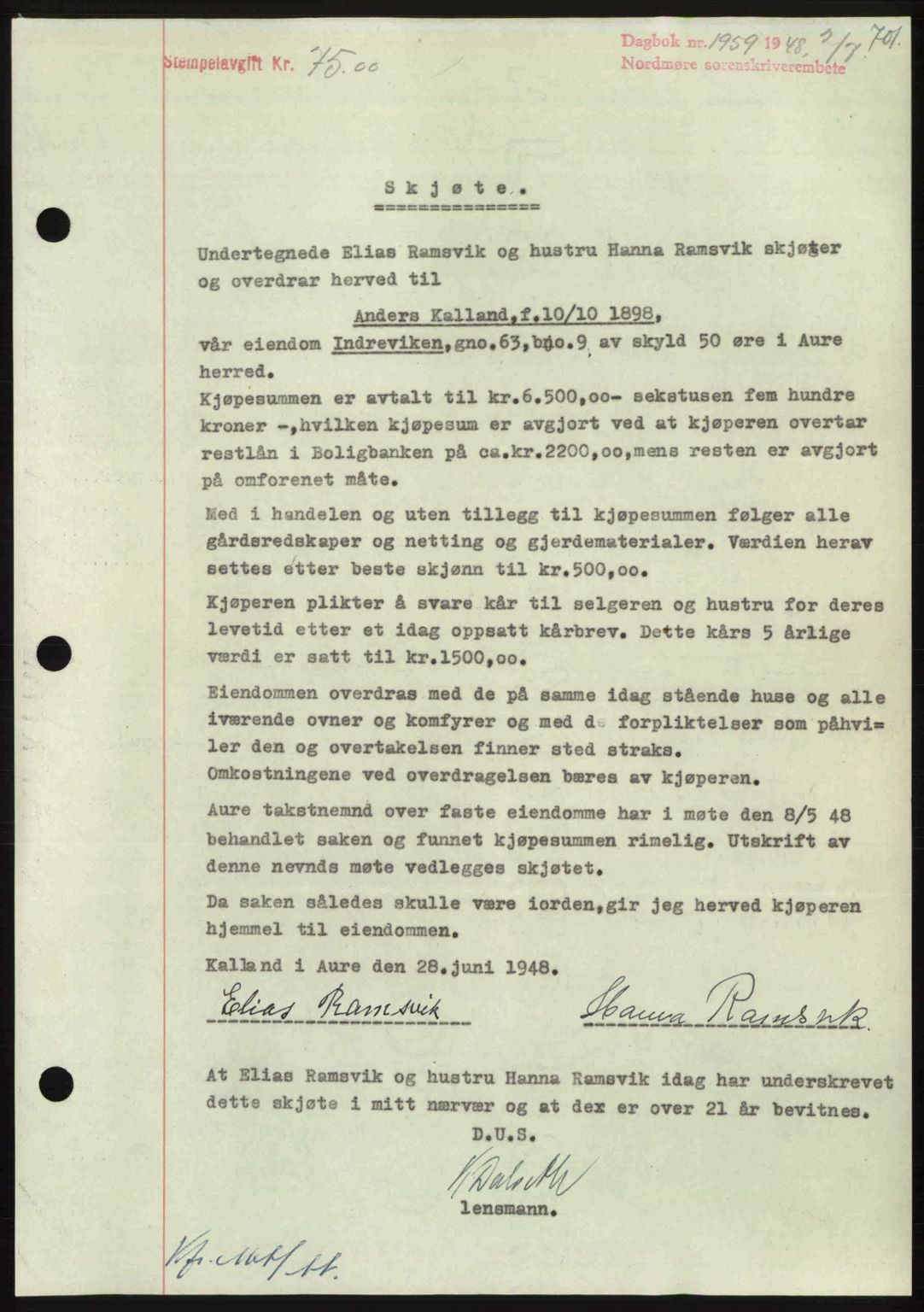 Nordmøre sorenskriveri, SAT/A-4132/1/2/2Ca: Pantebok nr. A108, 1948-1948, Dagboknr: 1959/1948