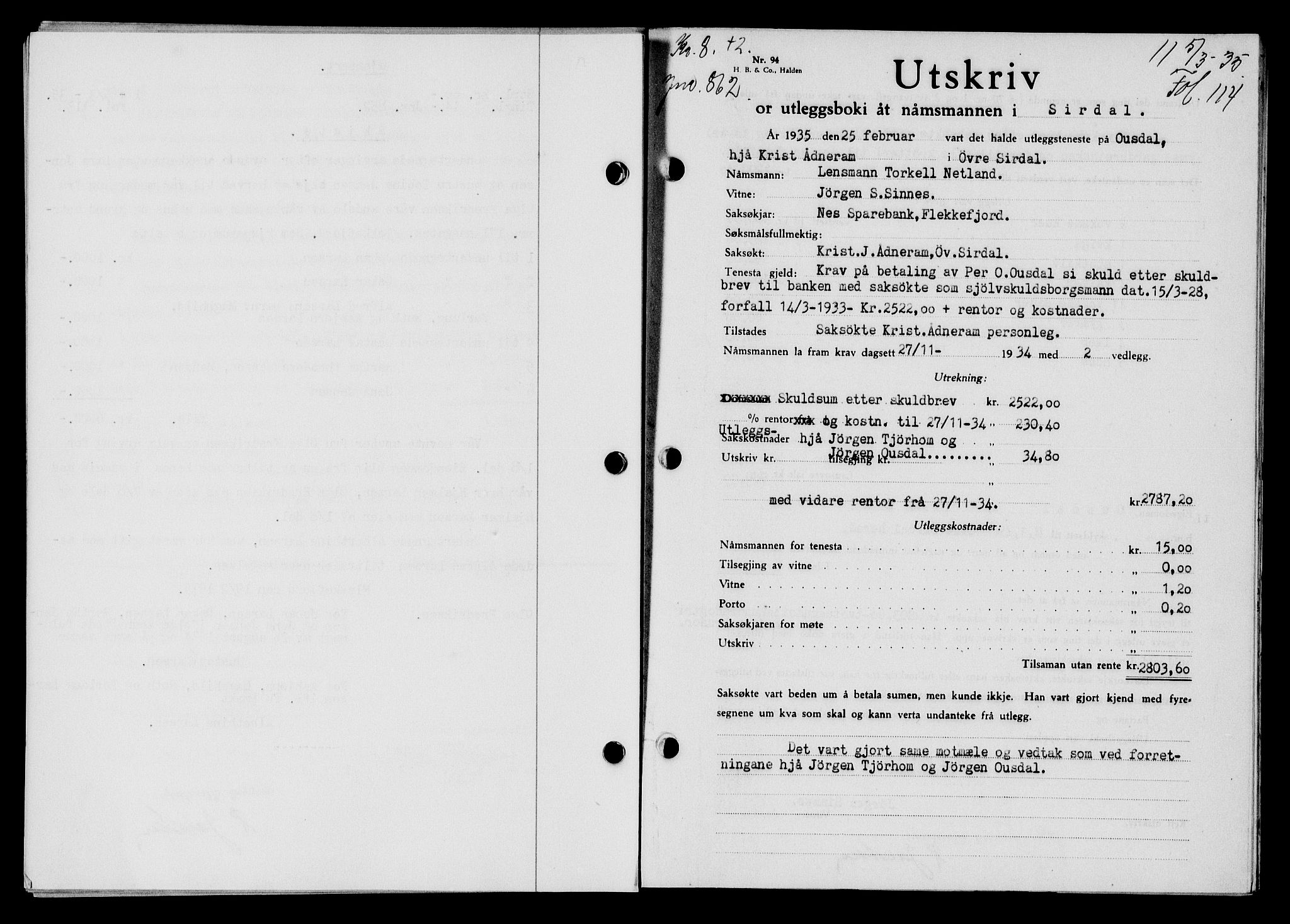 Flekkefjord sorenskriveri, SAK/1221-0001/G/Gb/Gba/L0051: Pantebok nr. 47, 1934-1935, Tingl.dato: 05.03.1935