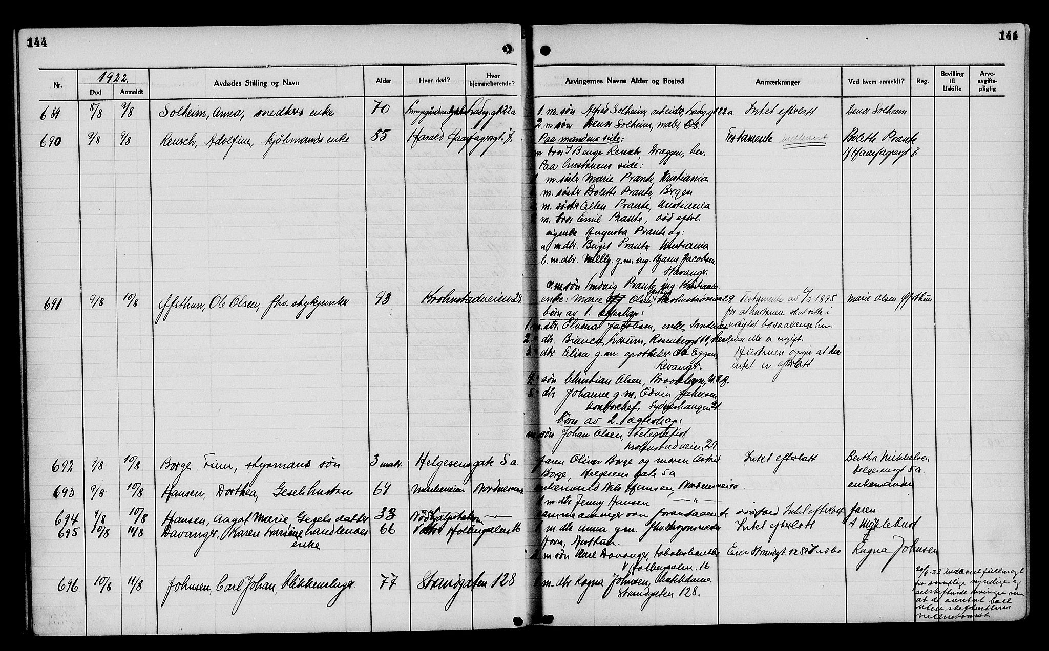 Byfogd og Byskriver i Bergen, AV/SAB-A-3401/06/06Na/L0014: Dødsfallsjournaler, 1921-1924, s. 144